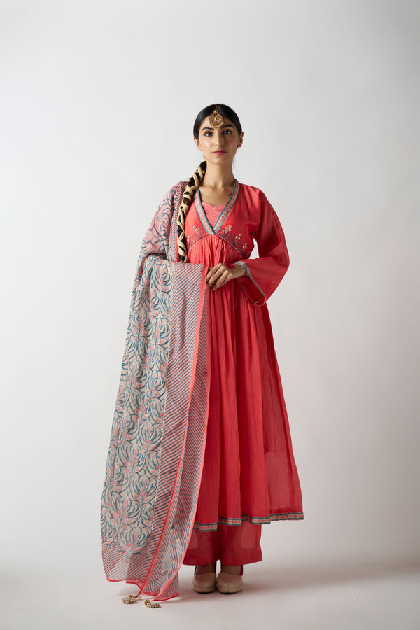 Coral 3 Piece Suit With Printed Dupatta