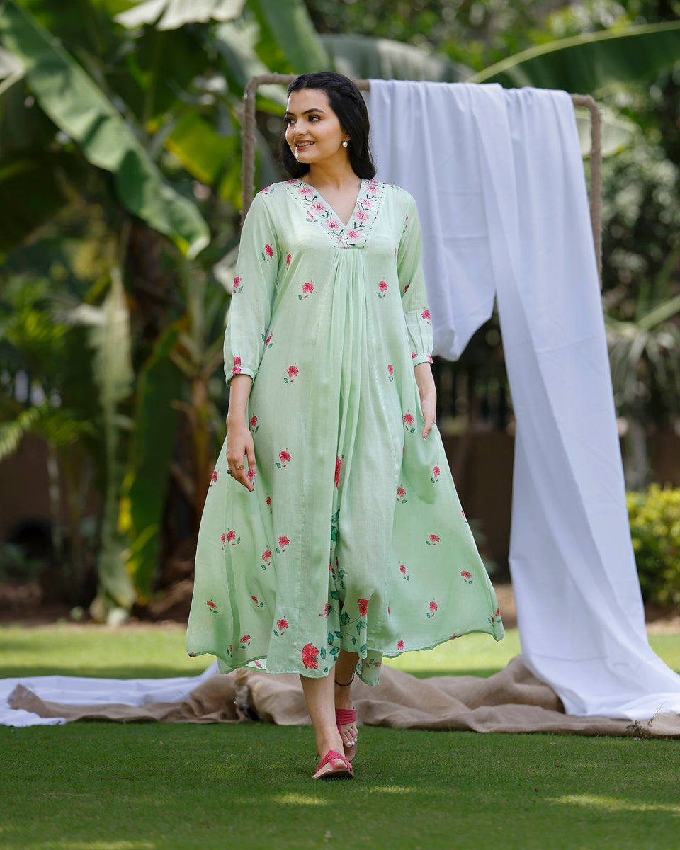 Mint Green Dress In Hibiscus Print – Sukruti Design