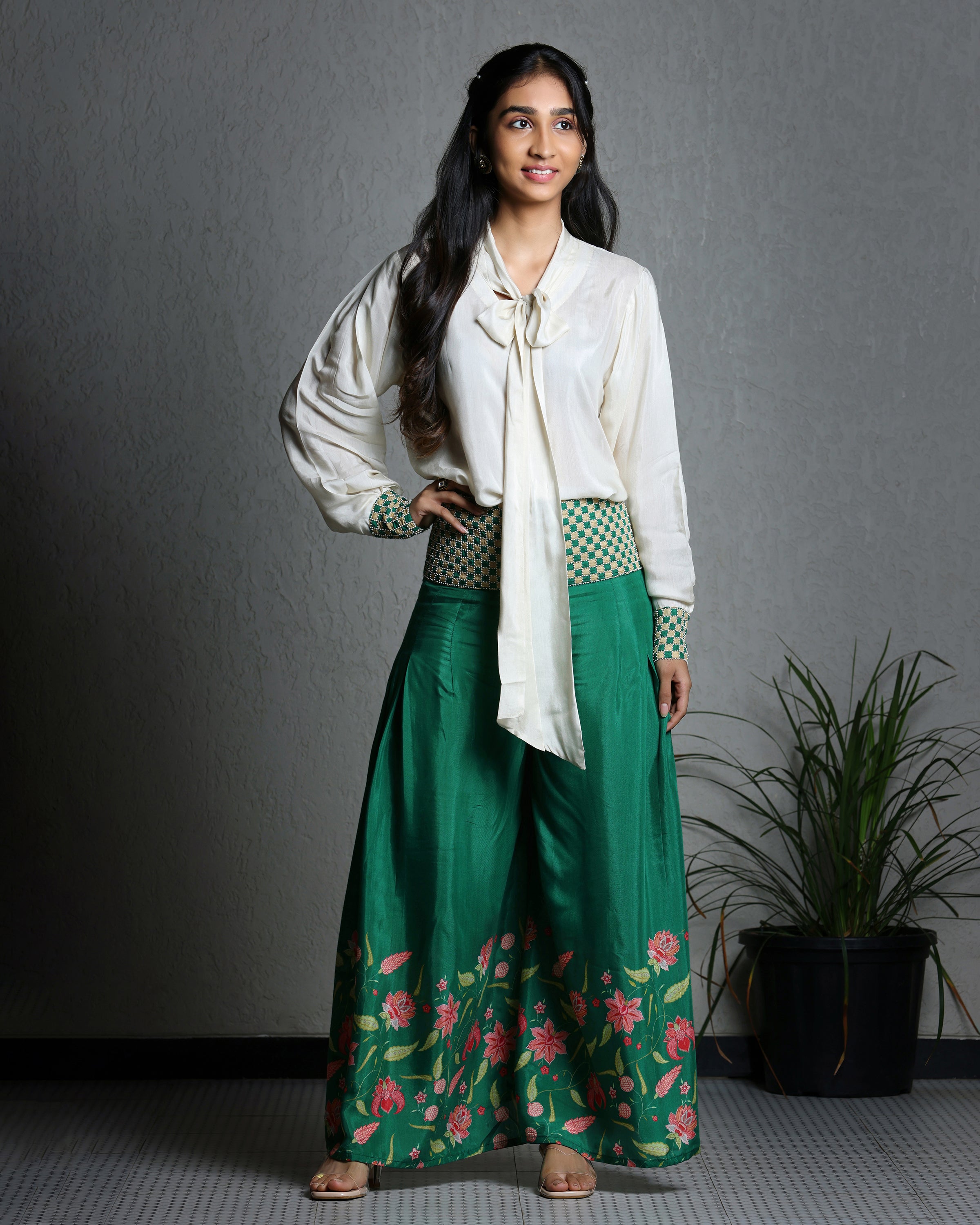 Jade Green Palazzo With Bow Shirt