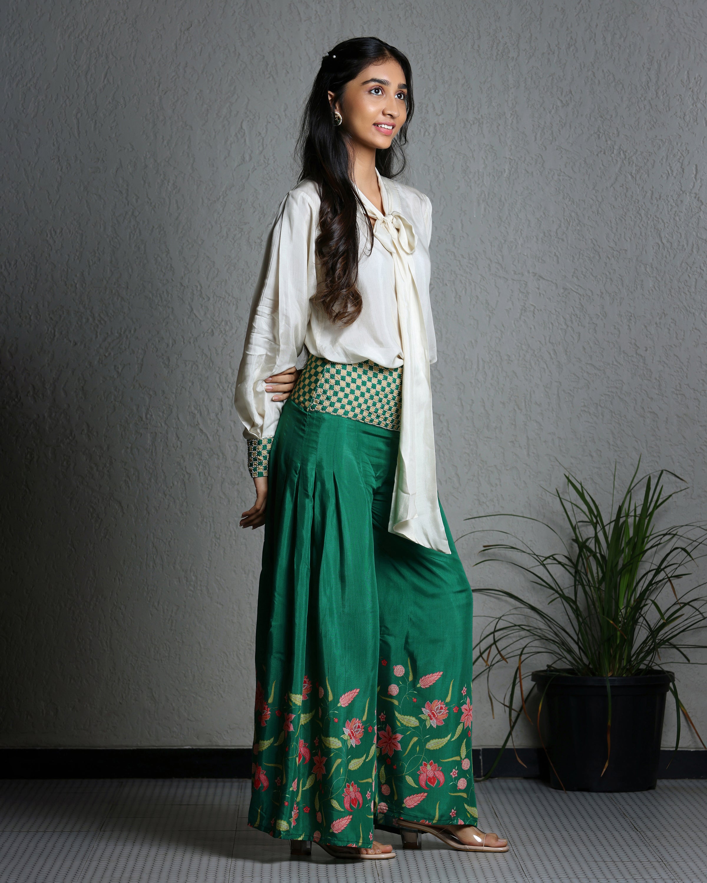 Jade Green Palazzo With Bow Shirt
