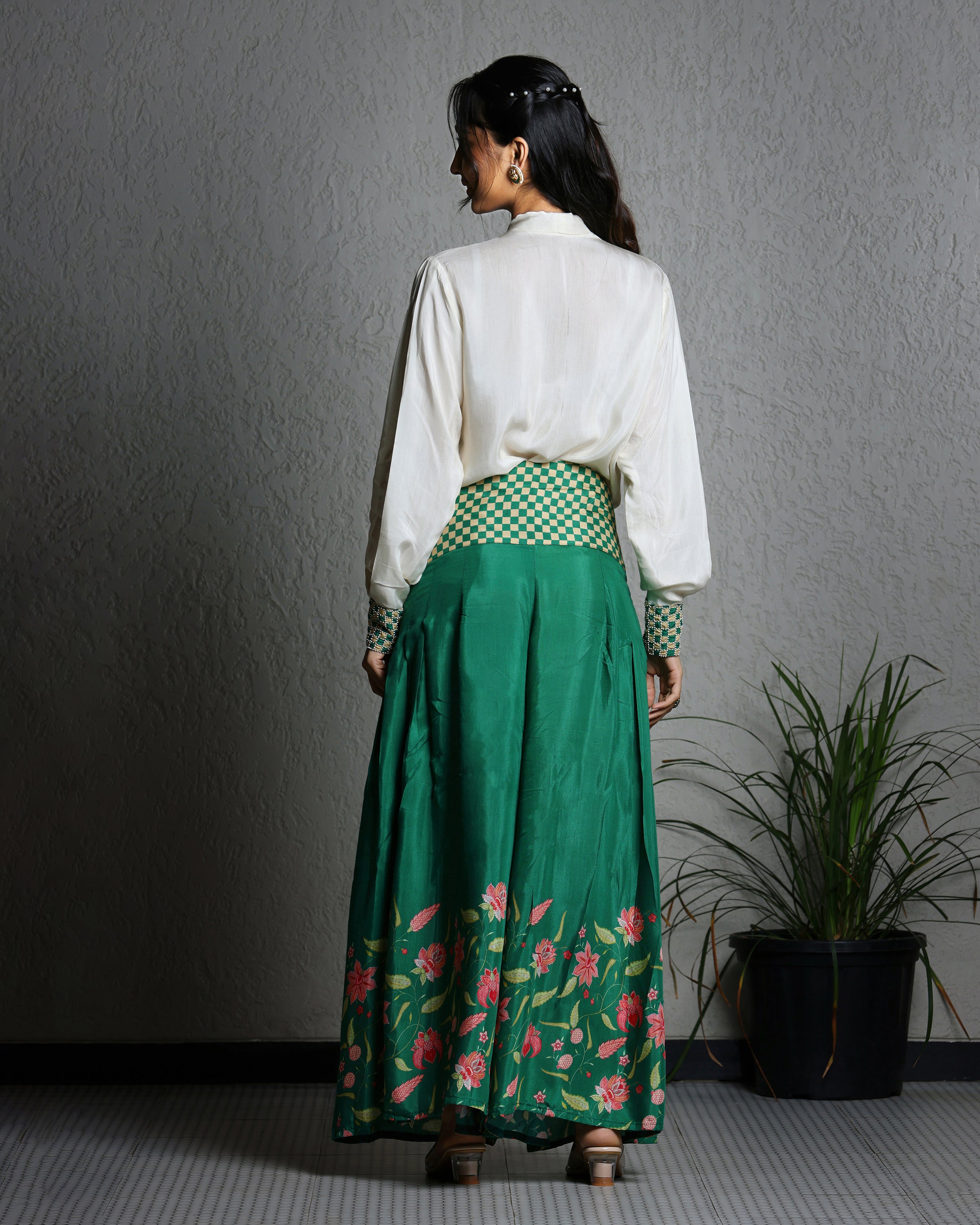 Jade Green Palazzo With Bow Shirt