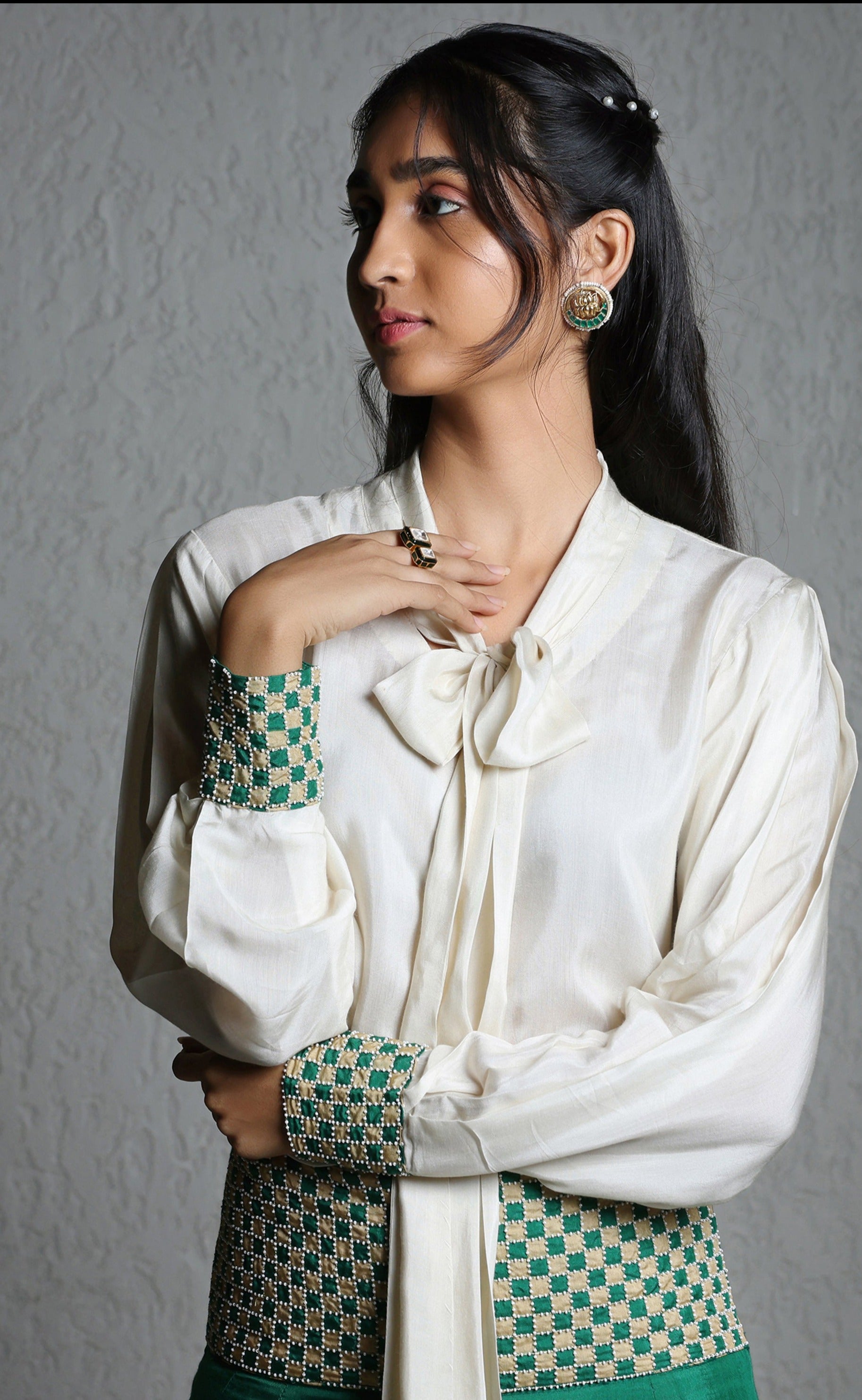 Jade Green Palazzo With Bow Shirt