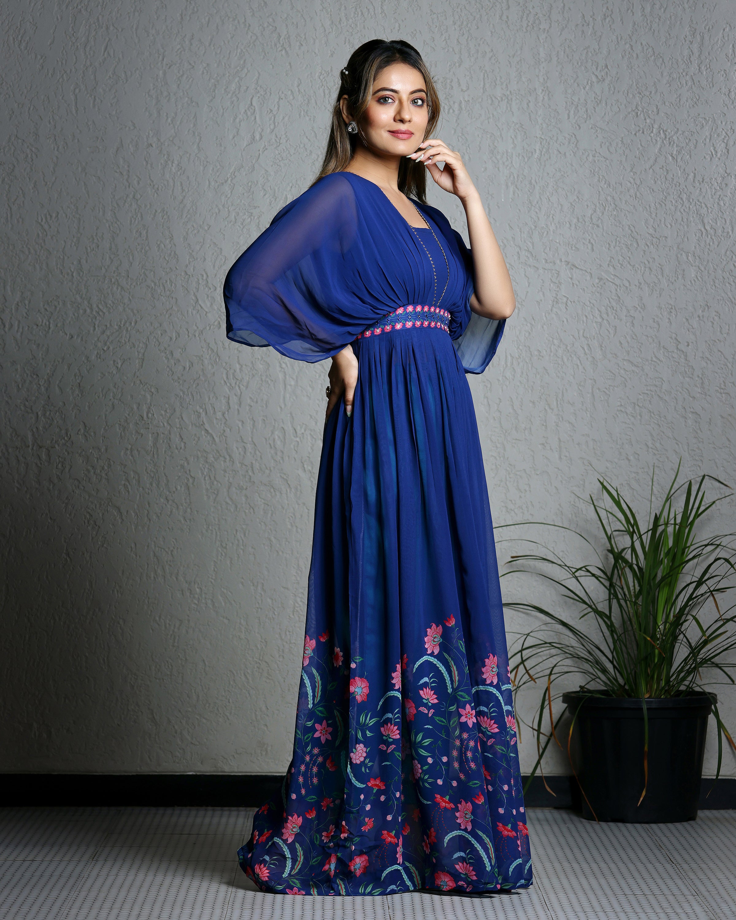 Midnight Blue Cowl Sleeves Dress