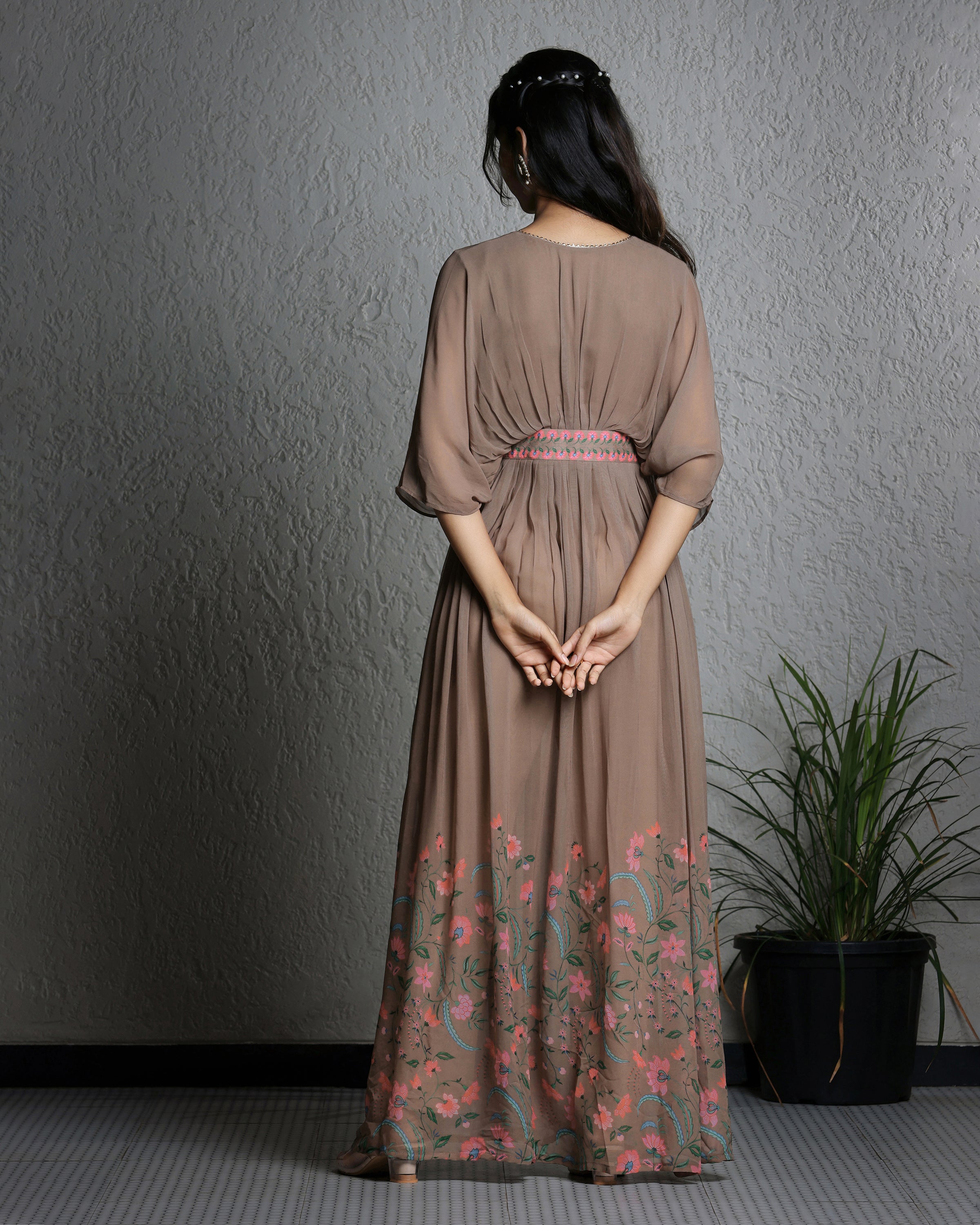 Blush Brown Cowl Sleeves Dress