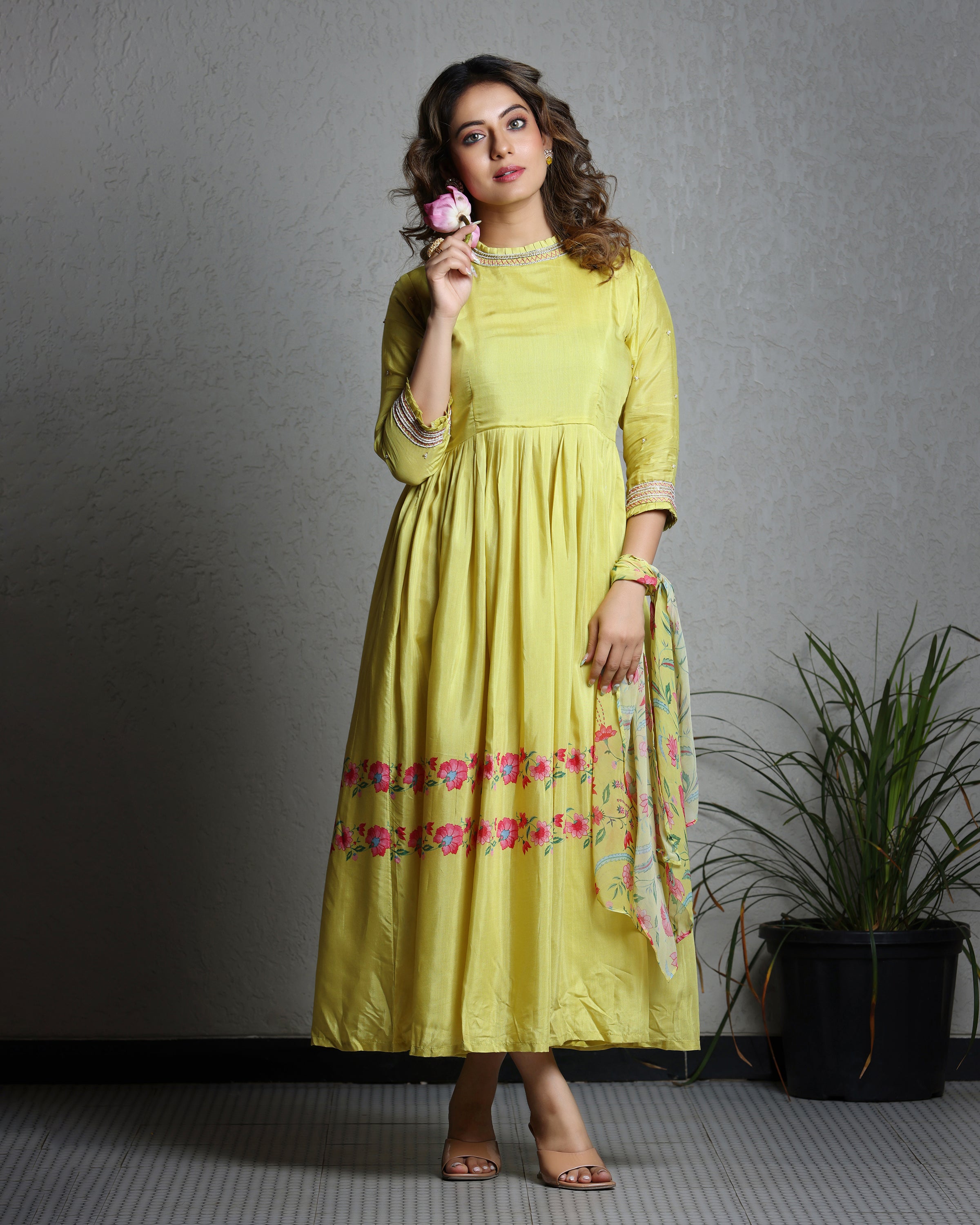 Lemon Yellow Dress With Scalf