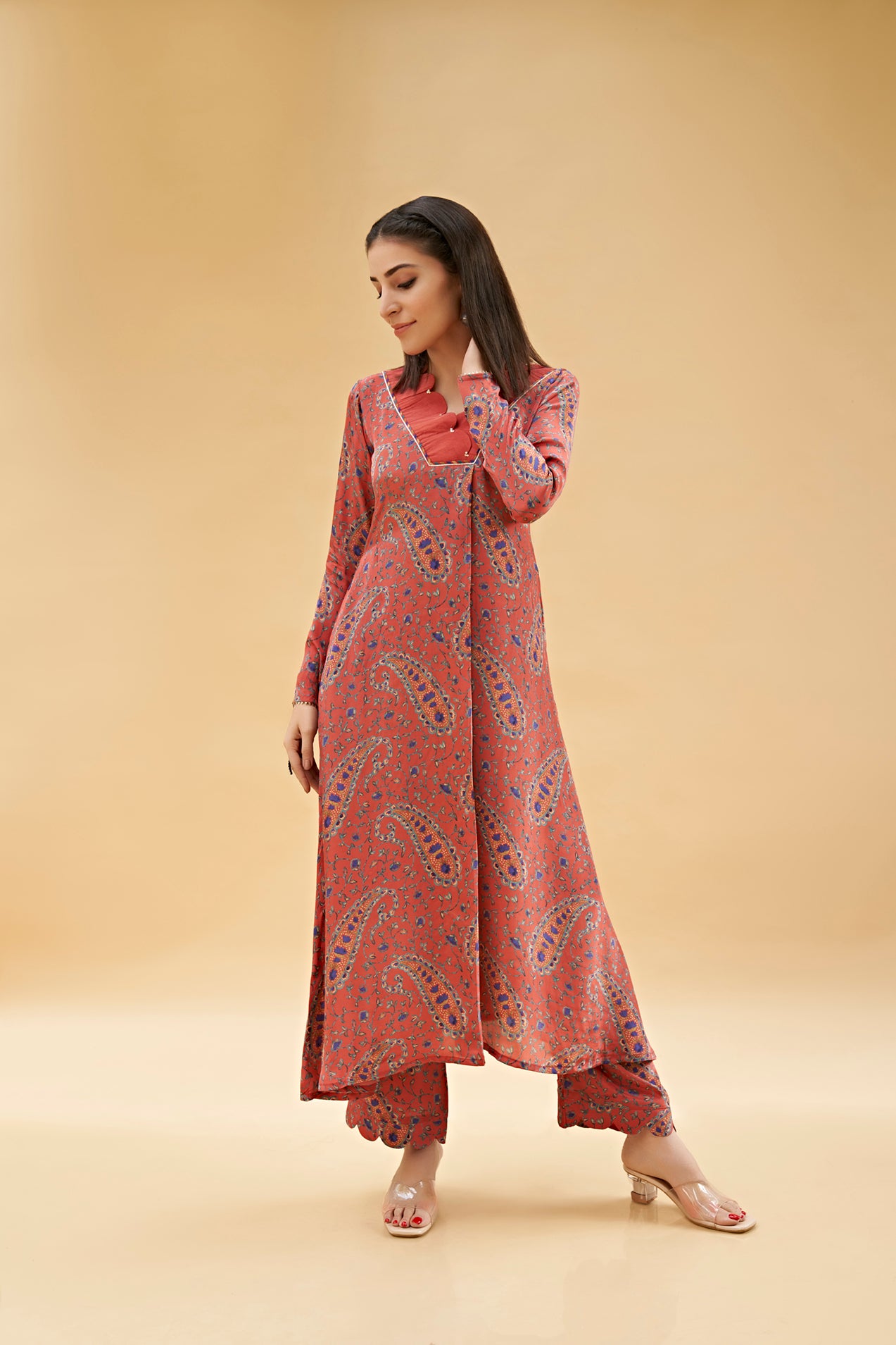 Rust - Orange V-Neck Kurta Set