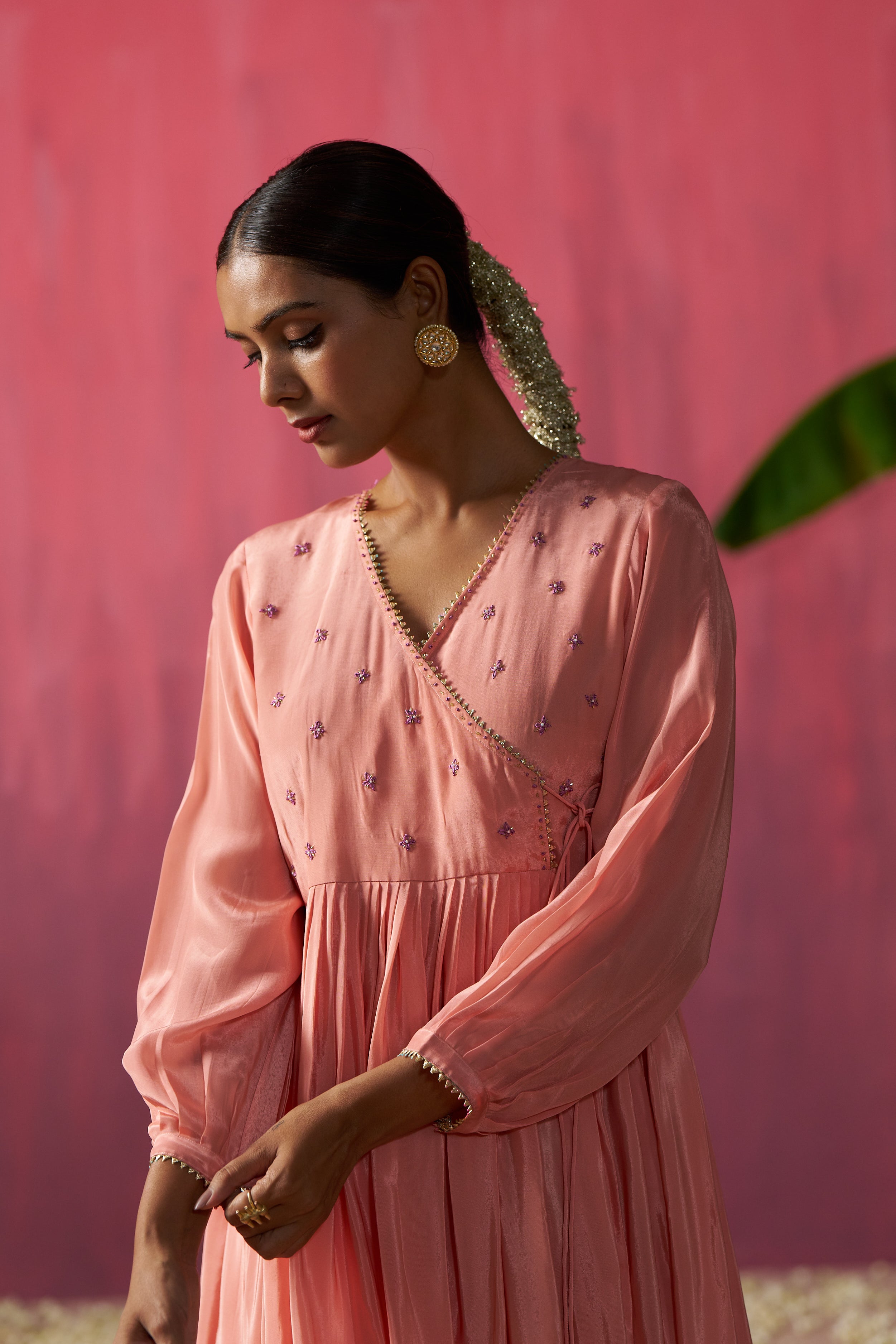 Pastel Peach Flared Dress With Printed Pant