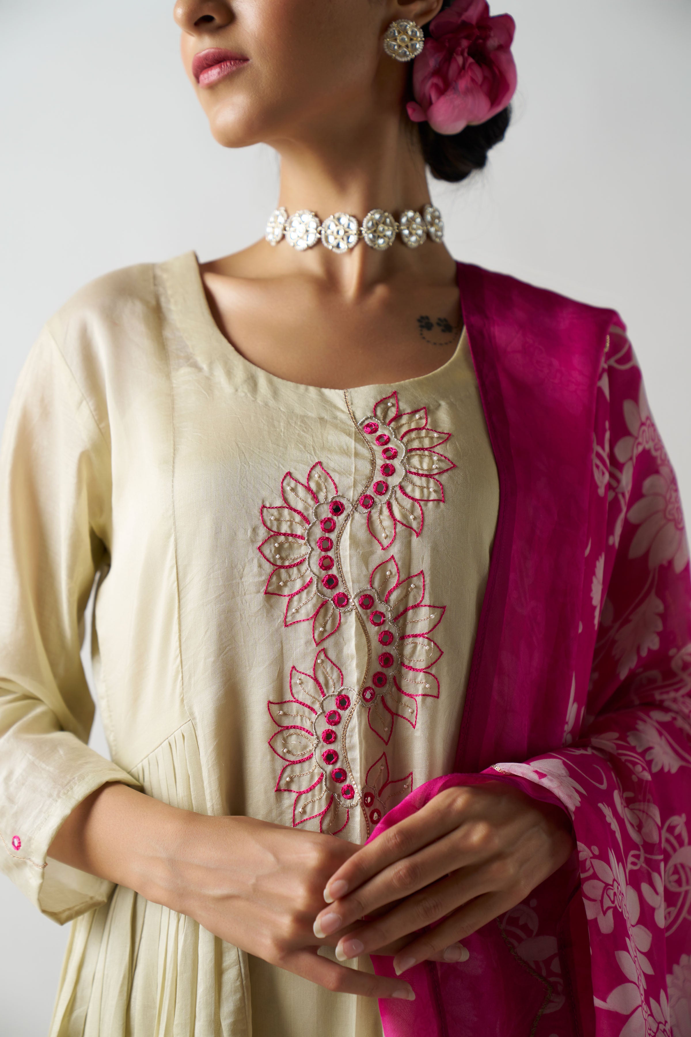 Off White 3 Piece Suit With Fuchsia Pink Dupatta