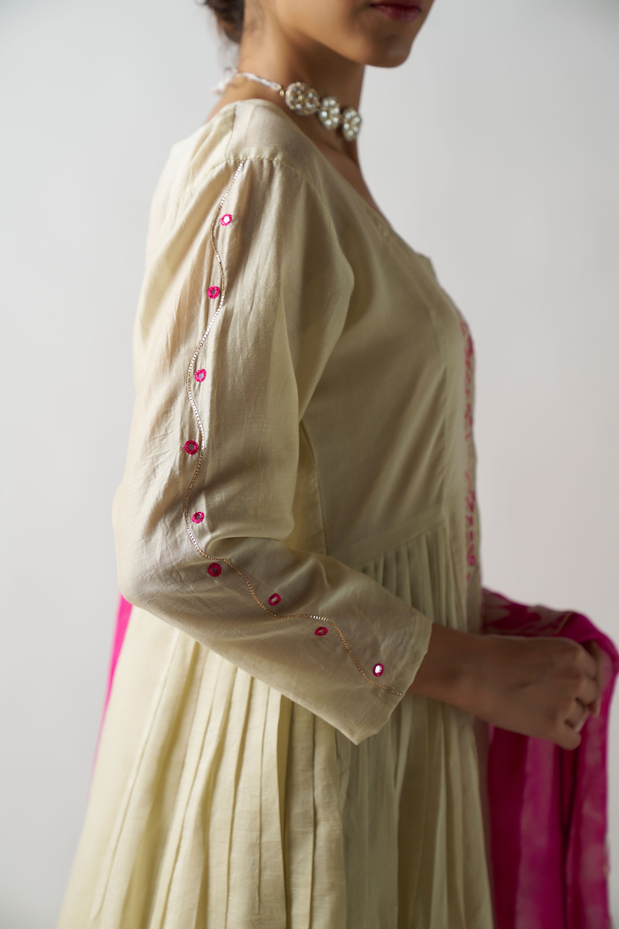 Off White 3 Piece Suit With Fuchsia Pink Dupatta