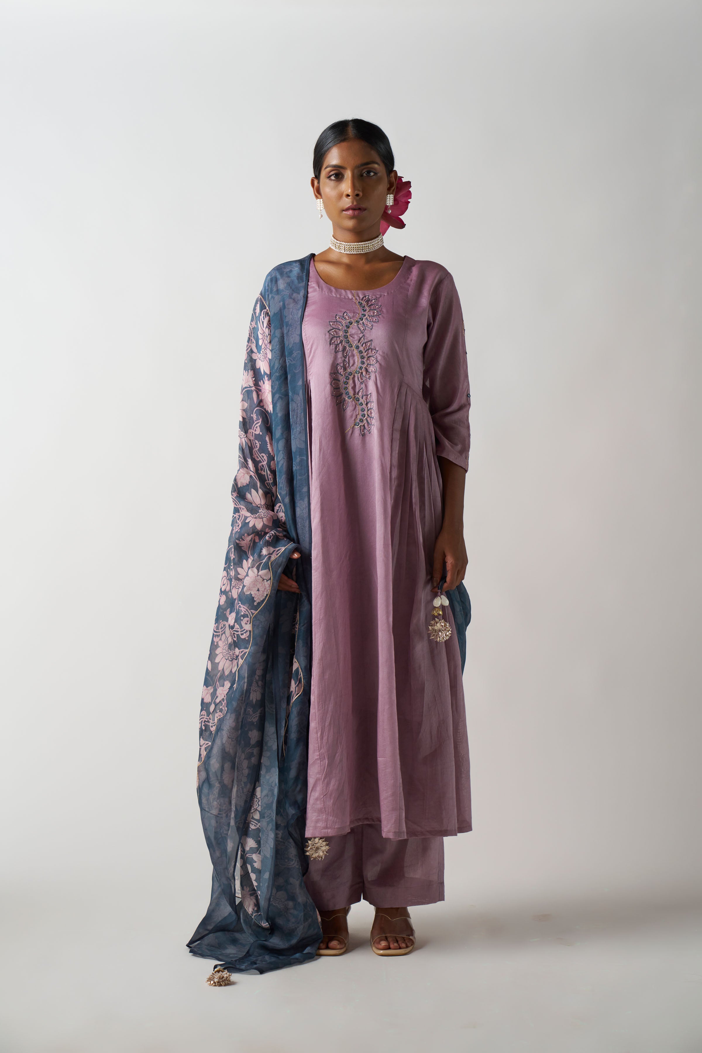 Lilac 3 Piece Suit With Grey Dupatta