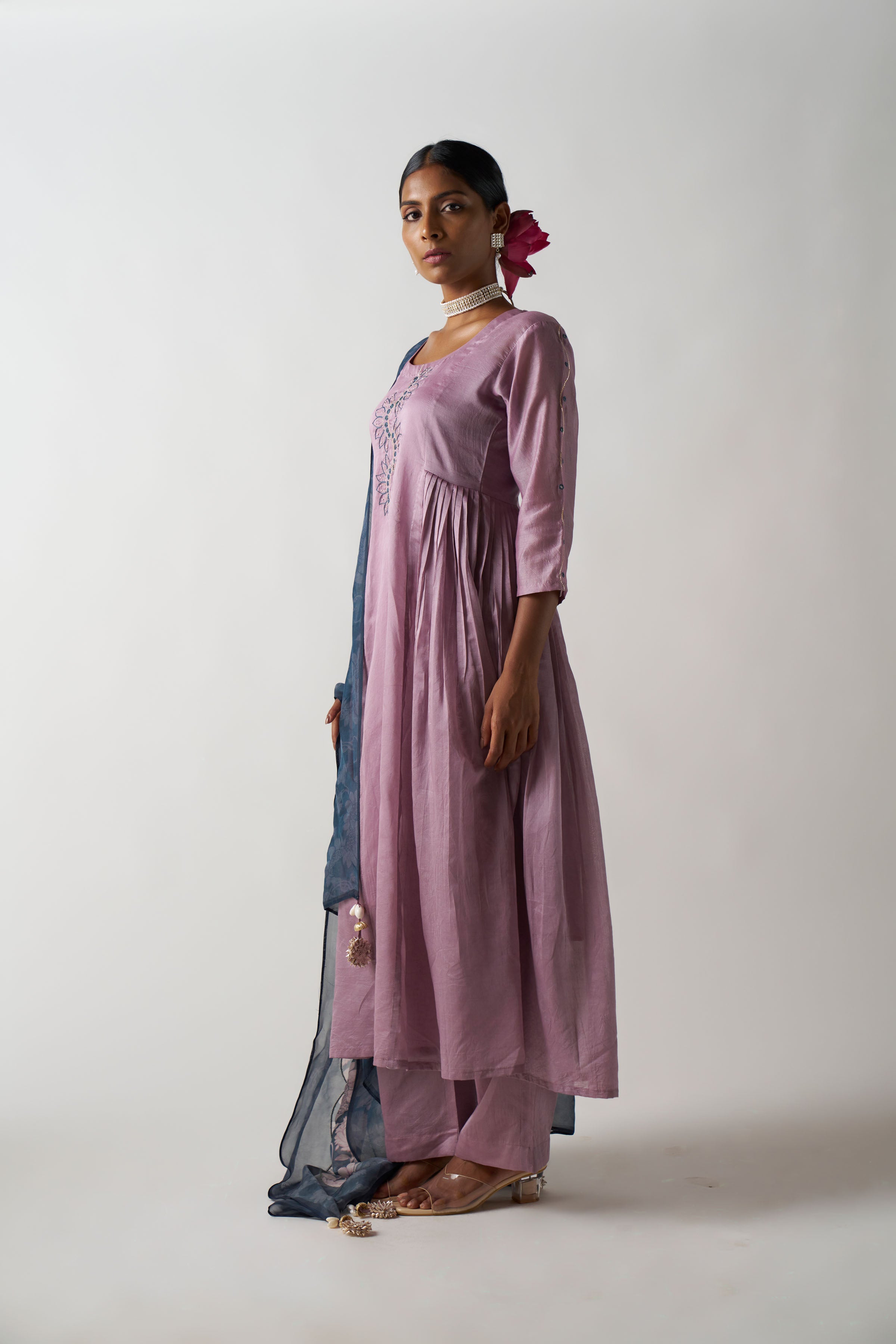 Lilac 3 Piece Suit With Grey Dupatta