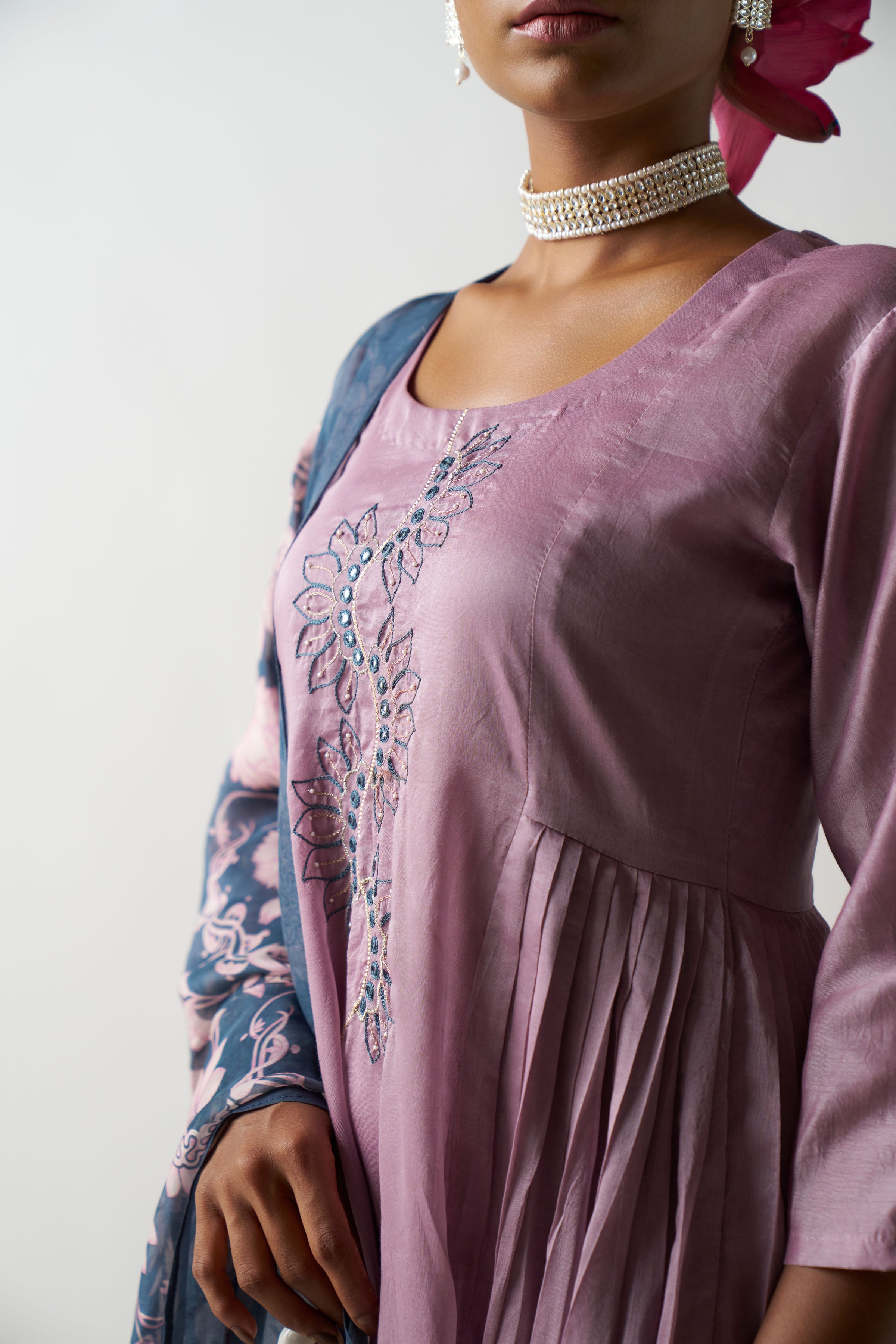 Lilac 3 Piece Suit With Grey Dupatta