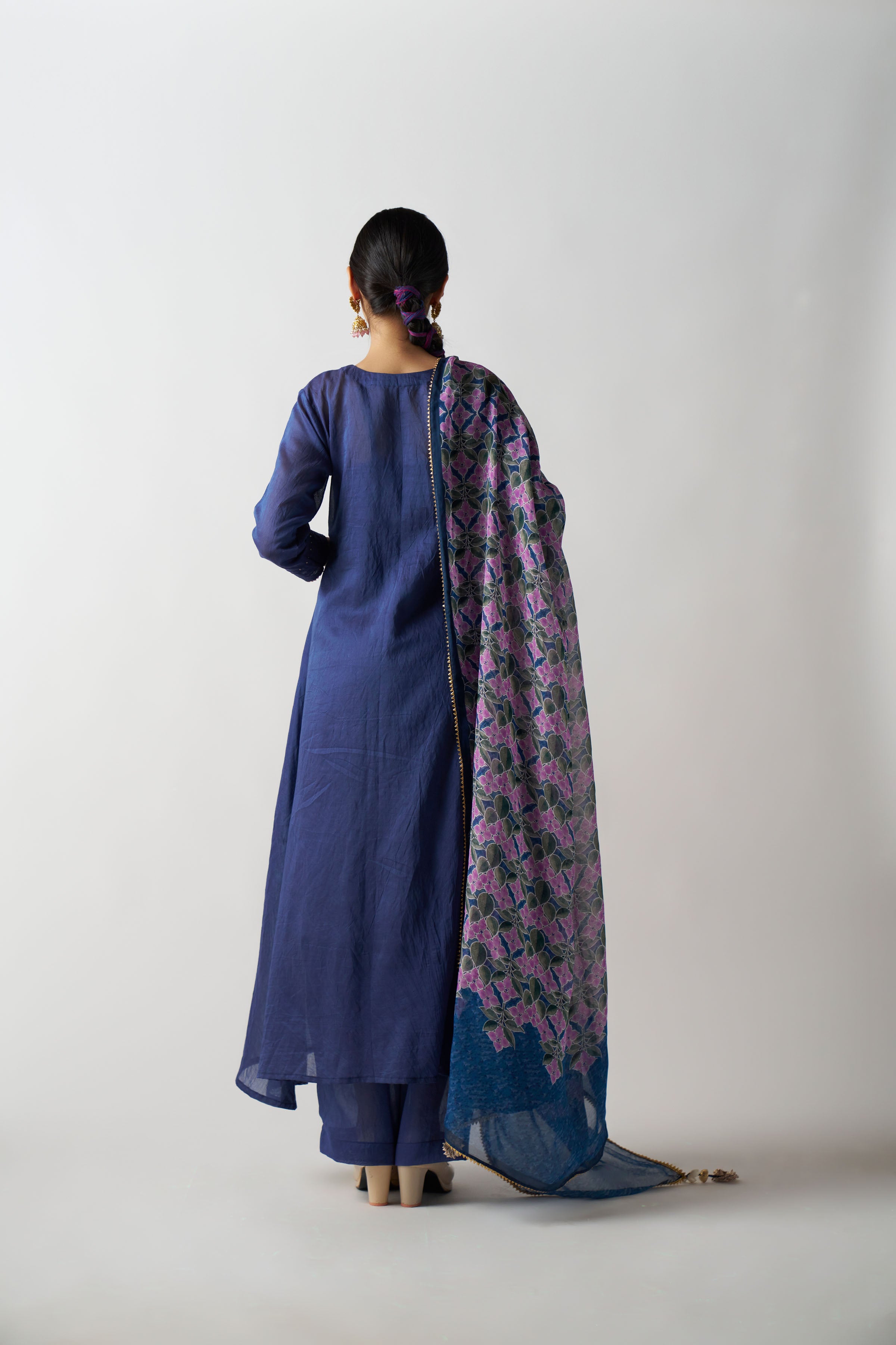 Mid Night Blue 3 Piece Suit With Printed Dupatta