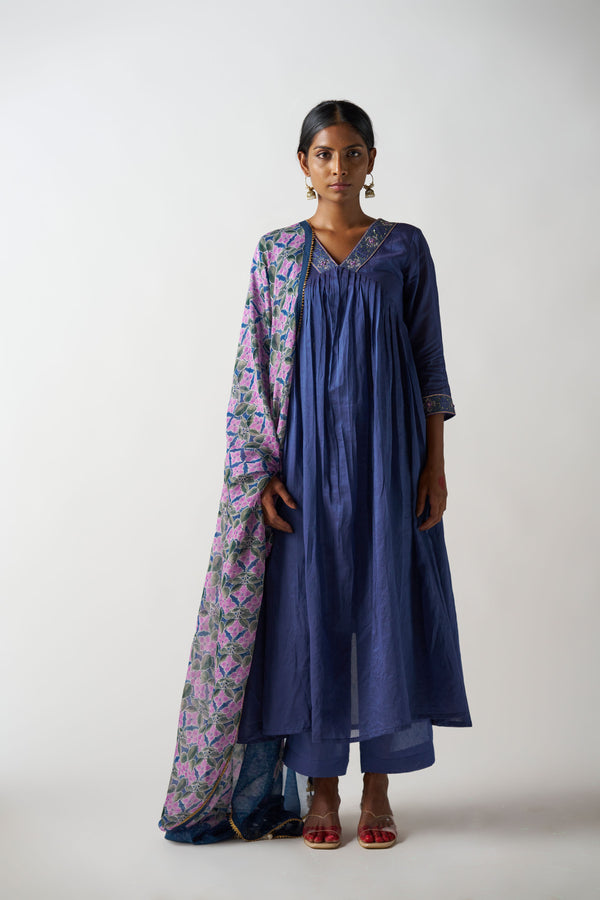 Mid Night Blue V Neck 3 Piece Suit With Printed Dupatta