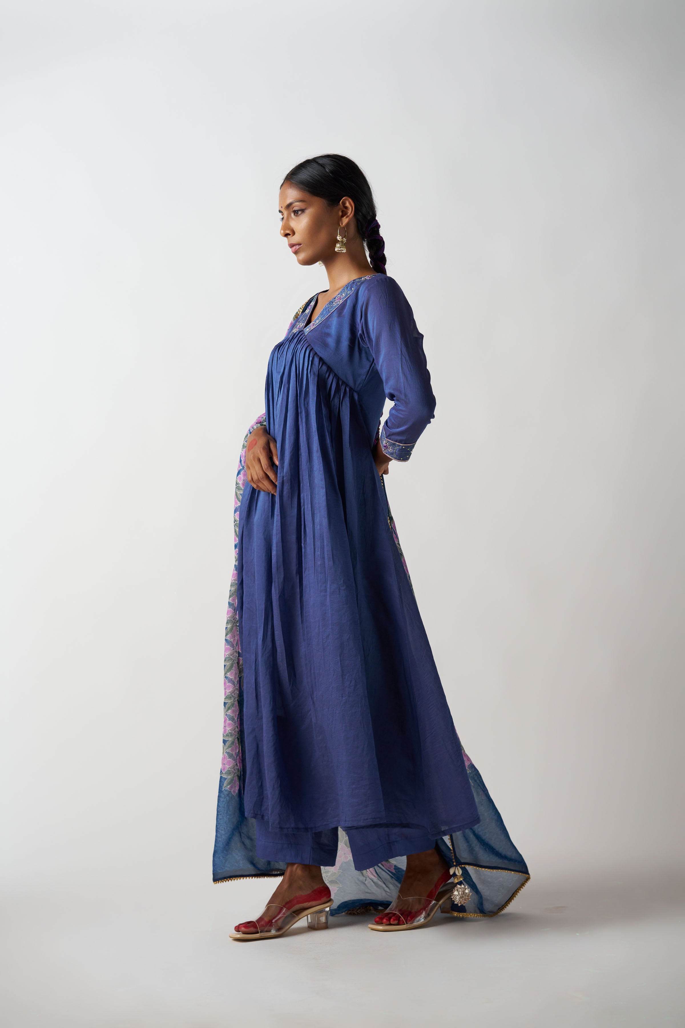 Mid Night Blue V Neck 3 Piece Suit With Printed Dupatta