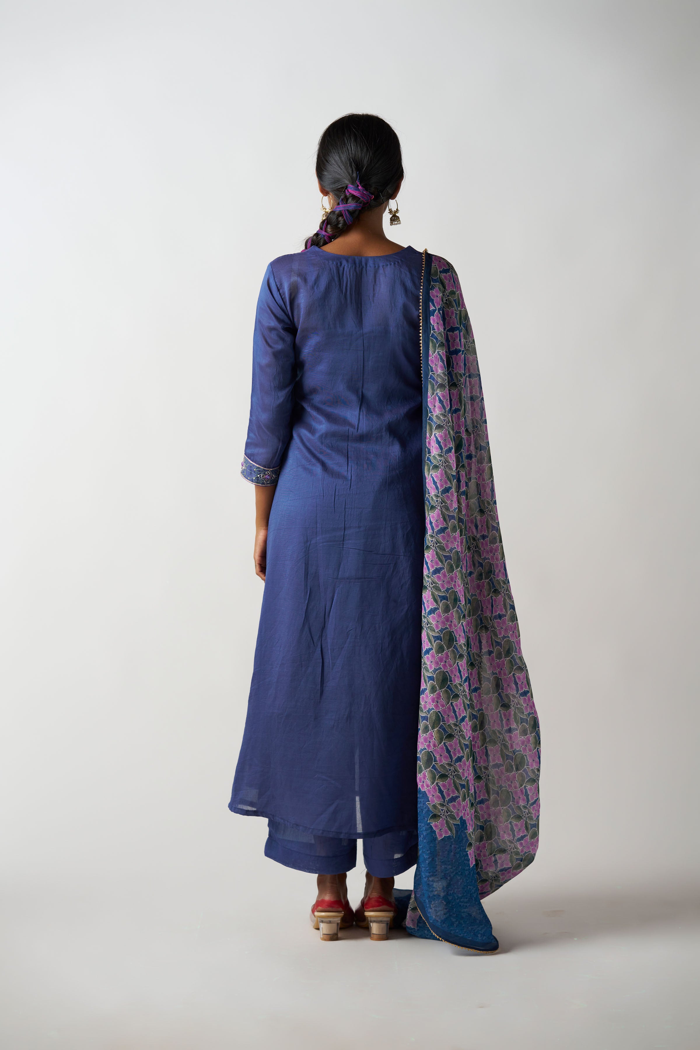 Mid Night Blue V Neck 3 Piece Suit With Printed Dupatta