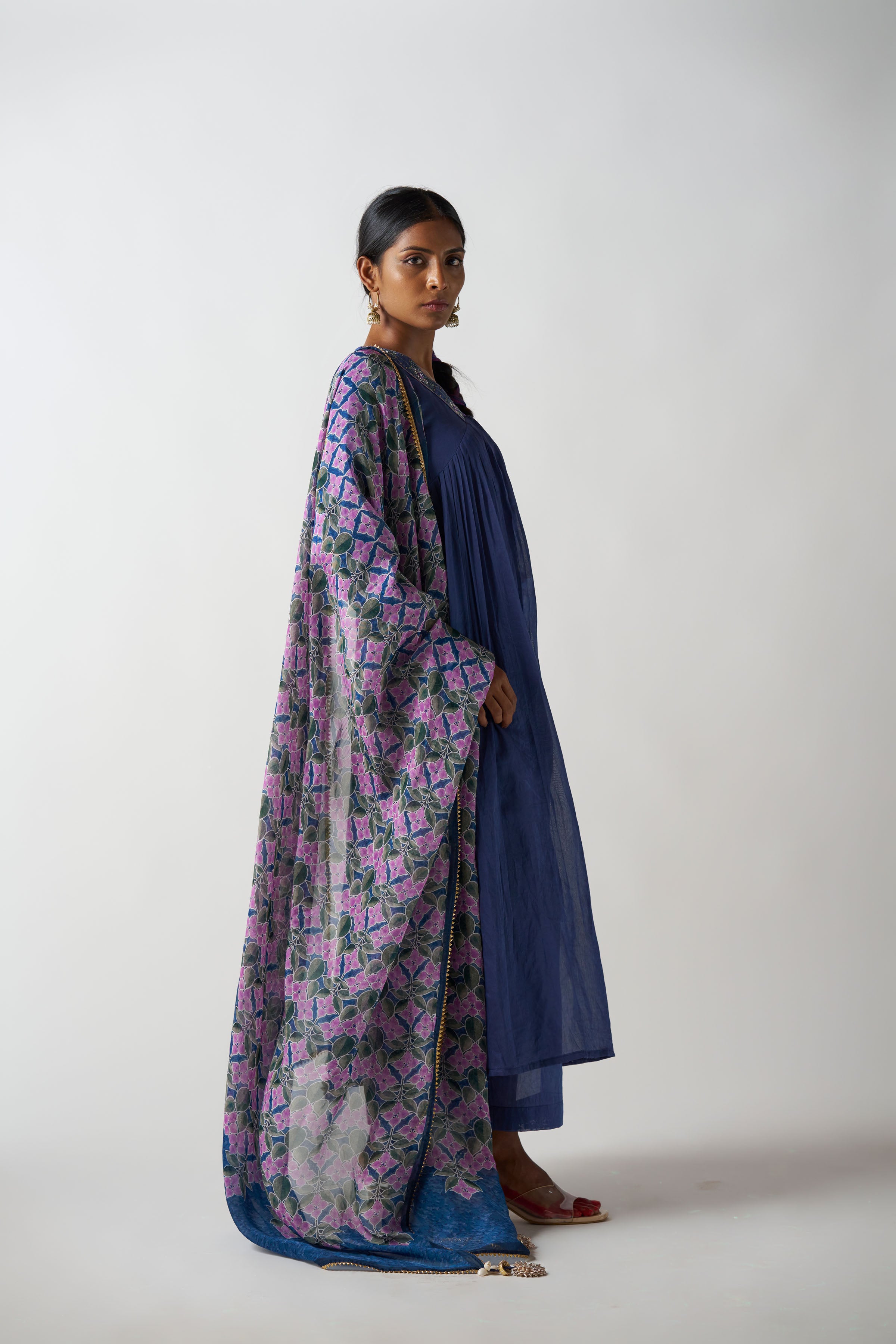 Mid Night Blue V Neck 3 Piece Suit With Printed Dupatta