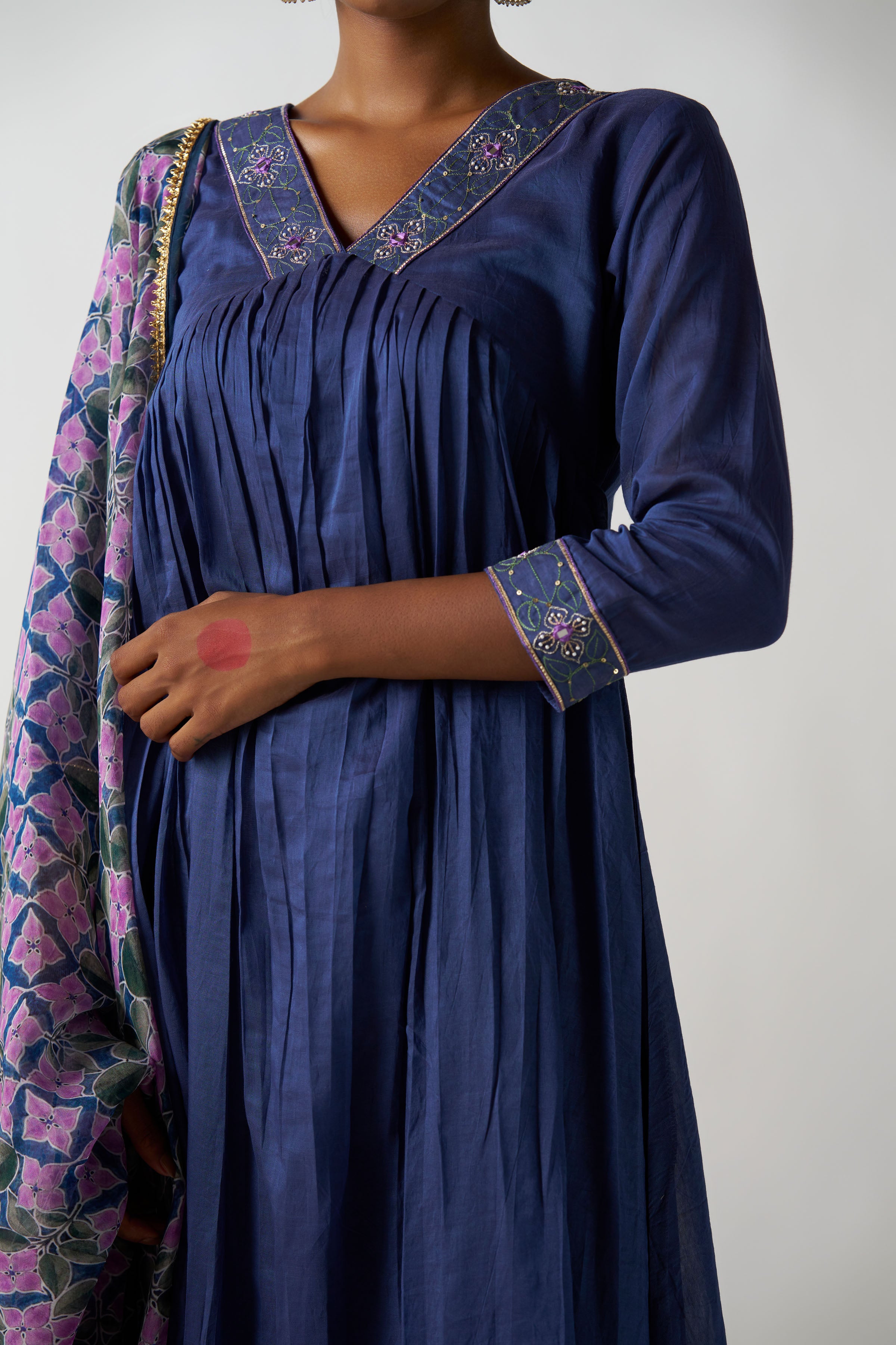 Mid Night Blue V Neck 3 Piece Suit With Printed Dupatta