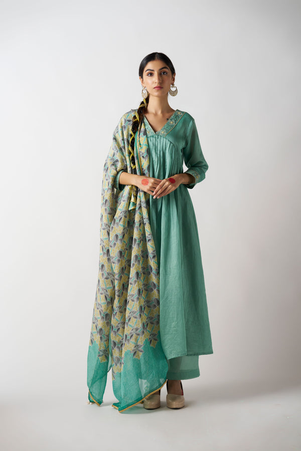 Sage Green V Neck 3 Piece Suit With Printed Dupatta