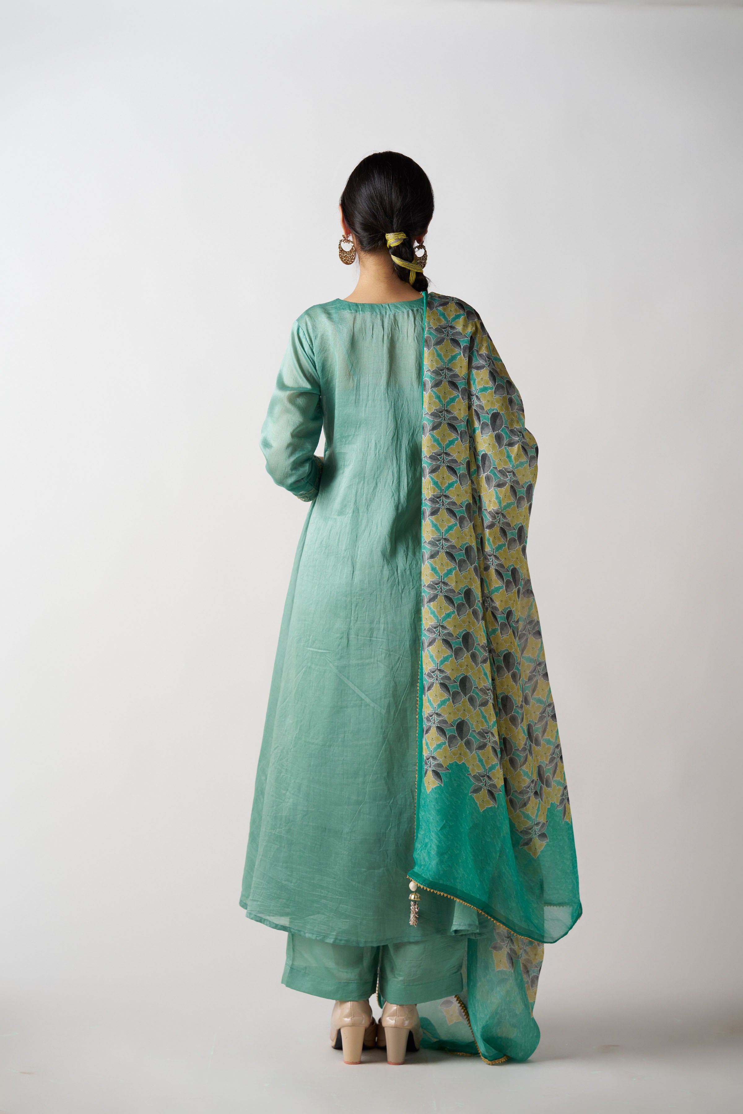 Sage Green V Neck 3 Piece Suit With Printed Dupatta