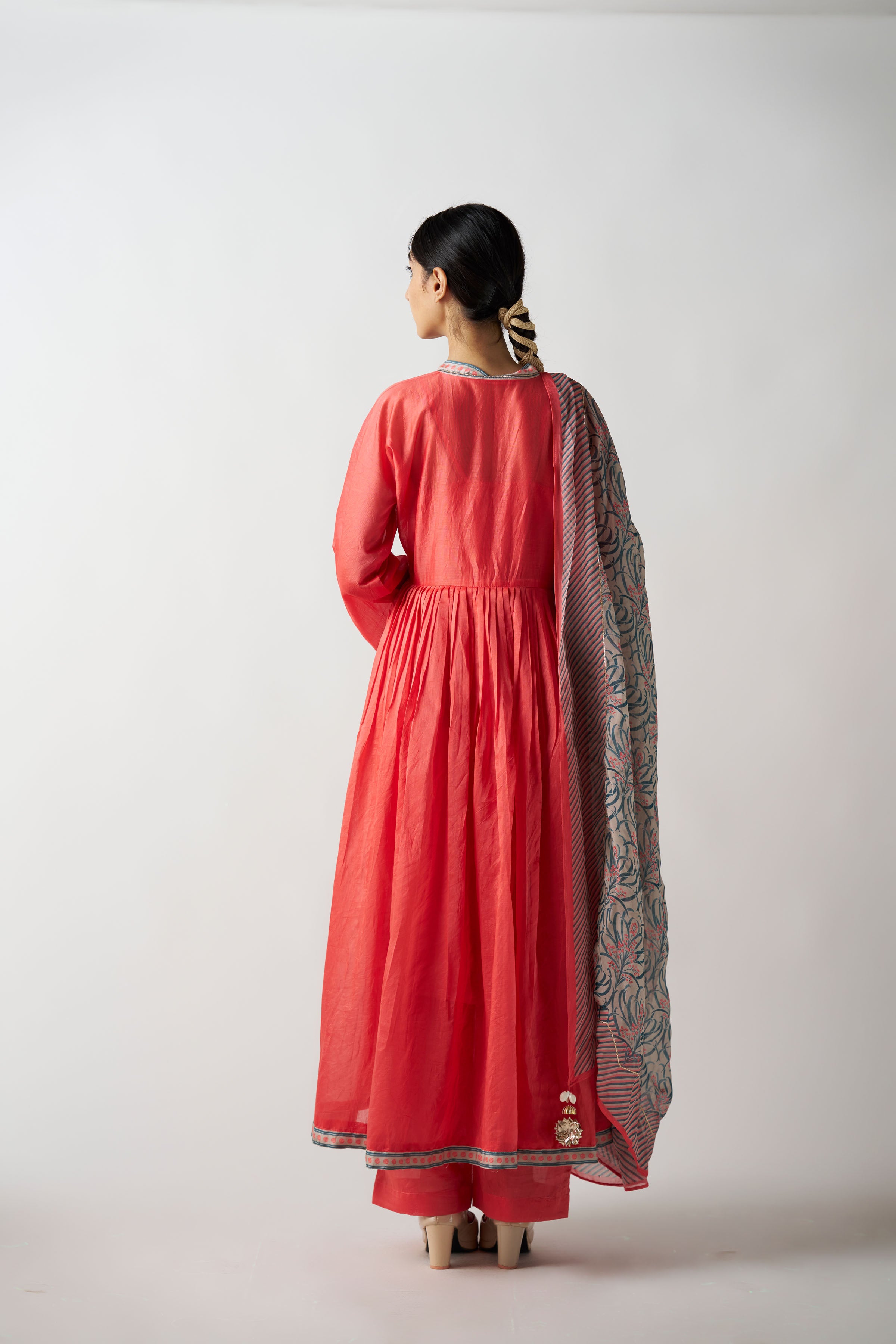 Coral 3 Piece Suit With Printed Dupatta