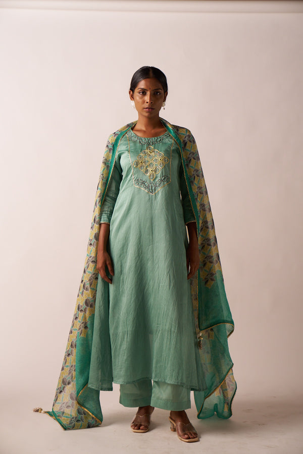 Sage Green 3 Piece Suit With Printed Dupatta