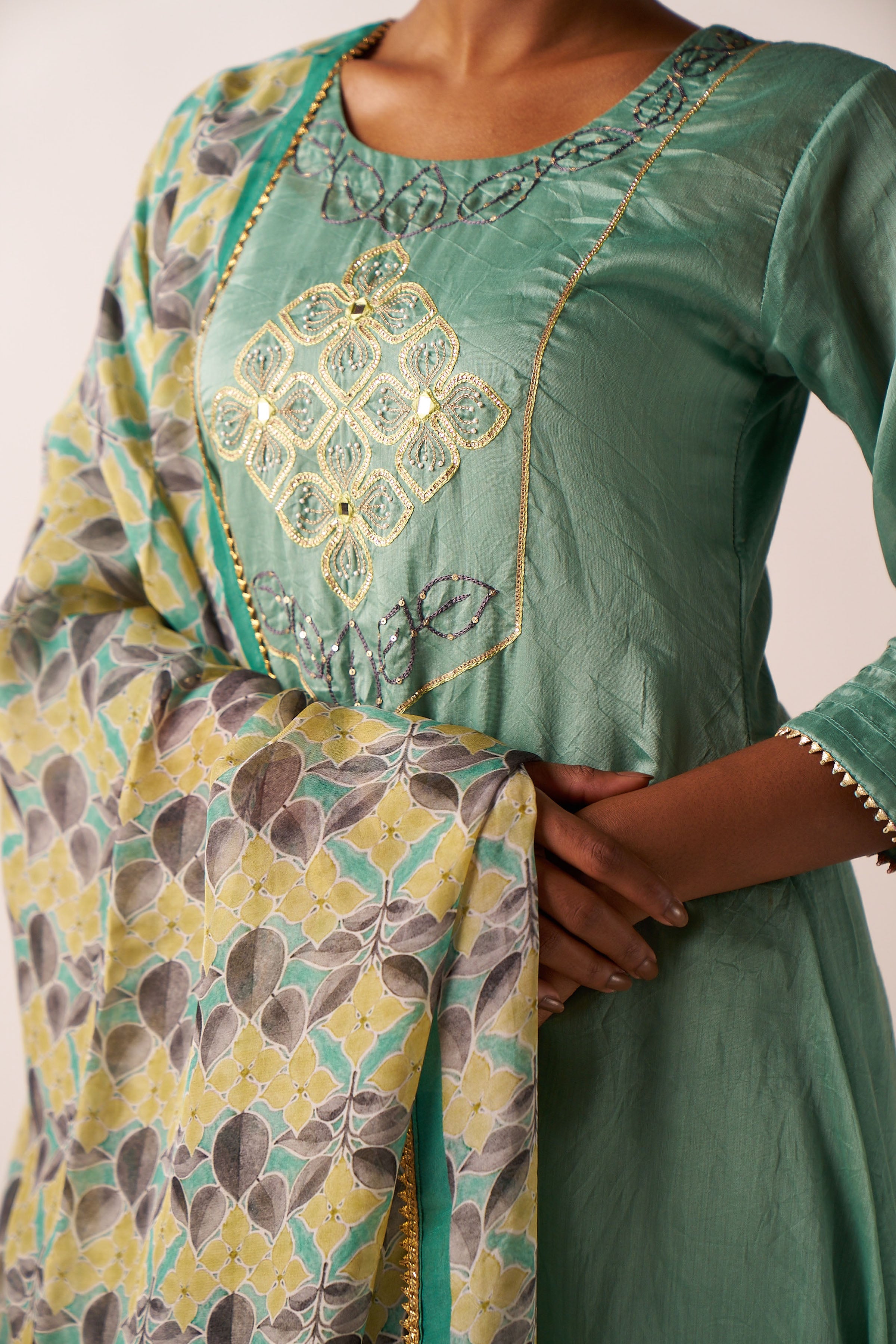 Sage Green 3 Piece Suit With Printed Dupatta