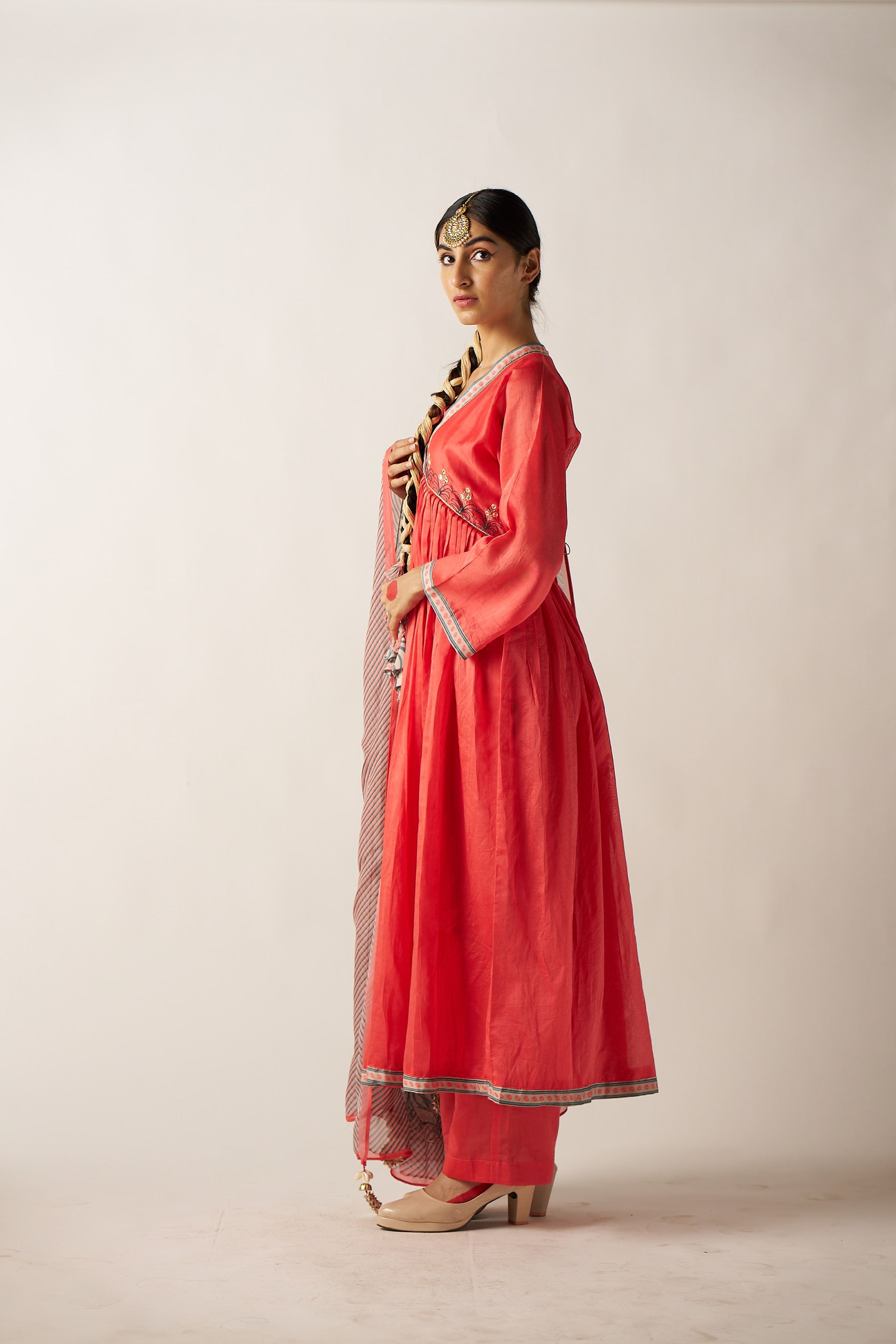 Coral 3 Piece Suit With Printed Dupatta
