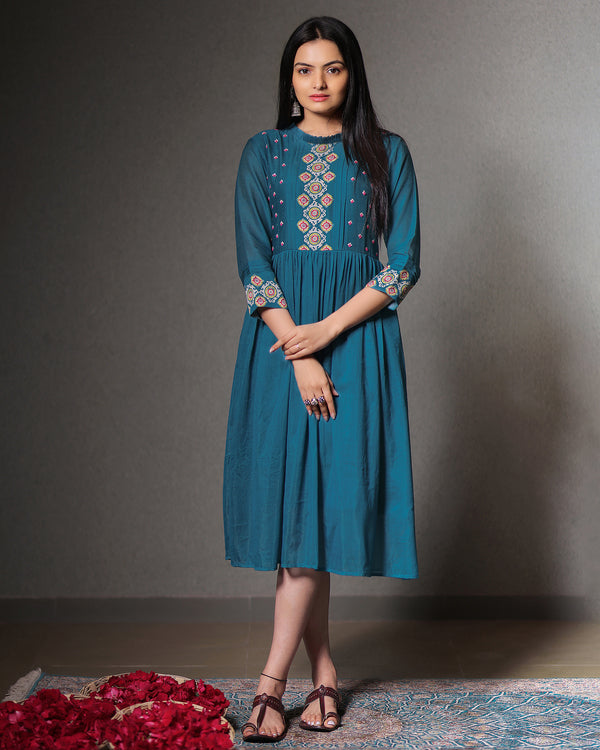 Taskeen Peacock Blue Knee Length Dress