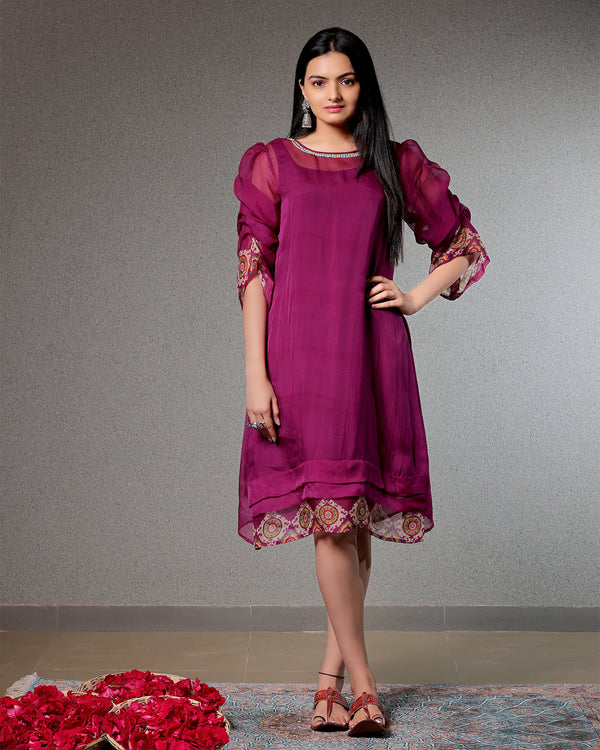 Taskeen Magenta Dress With Cowl Sleeves