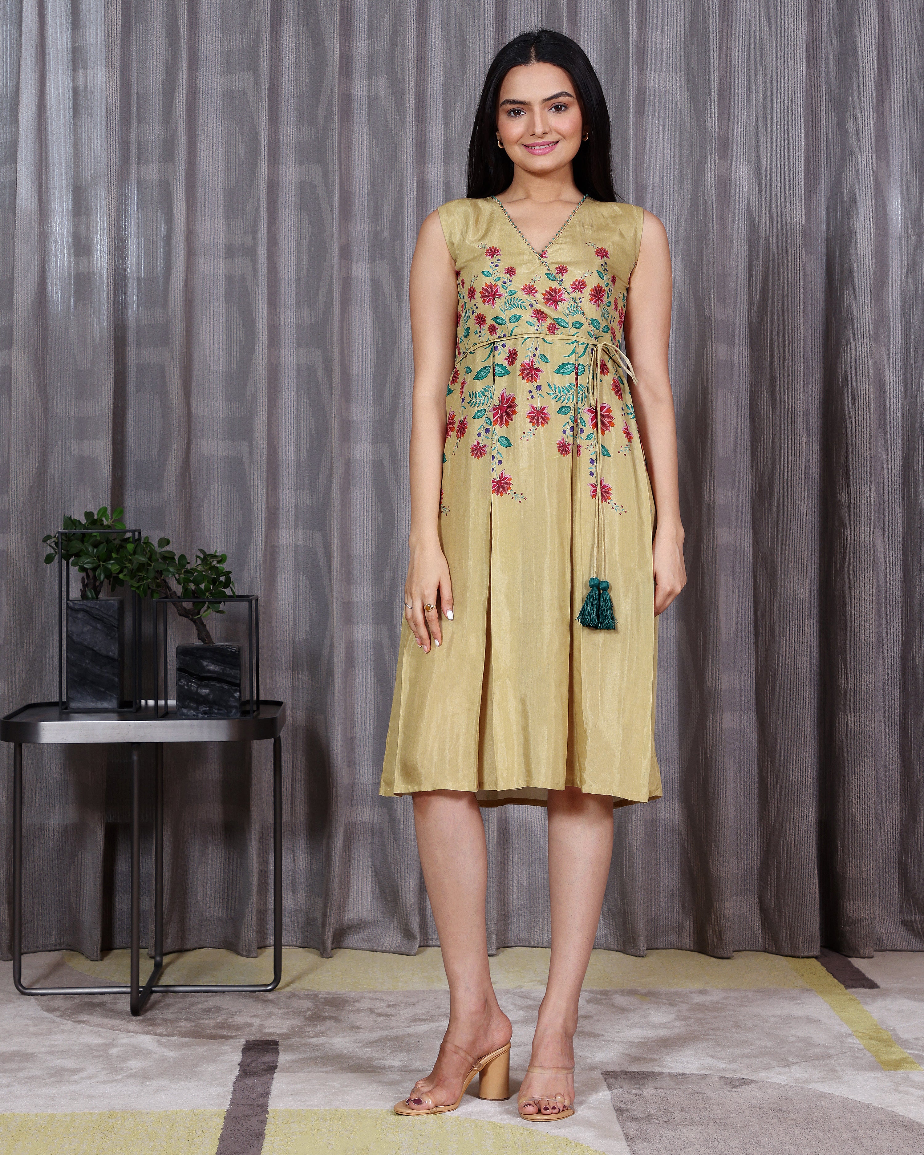 Kusum - Golden Beige knee Length Dress
