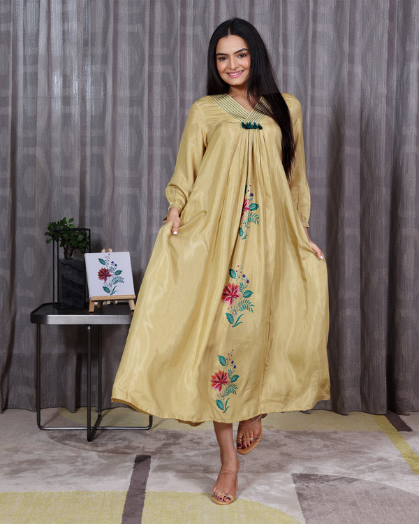 Kusum - Golden Beige V Neck Flared Dress