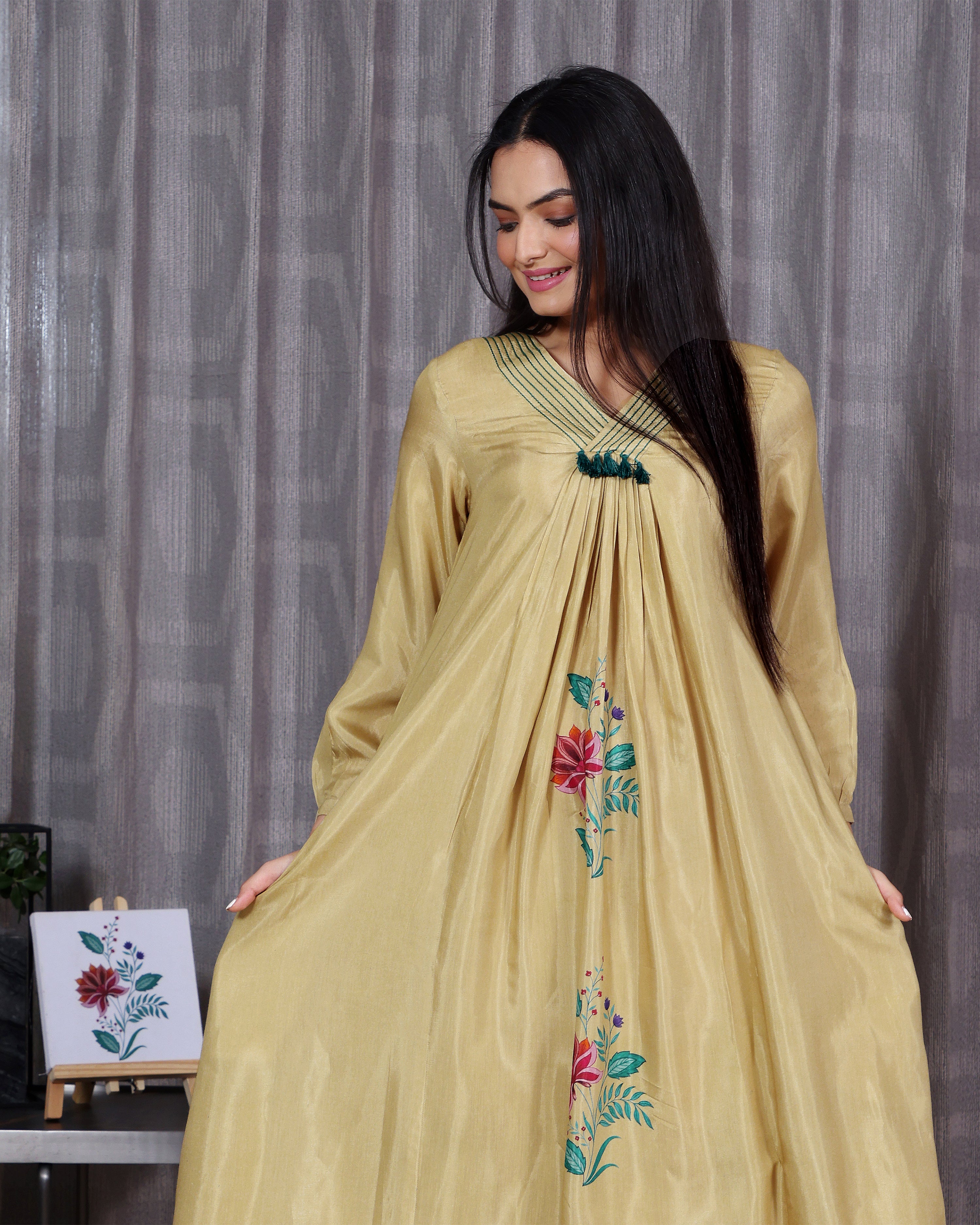 Kusum - Golden Beige V Neck Flared Dress