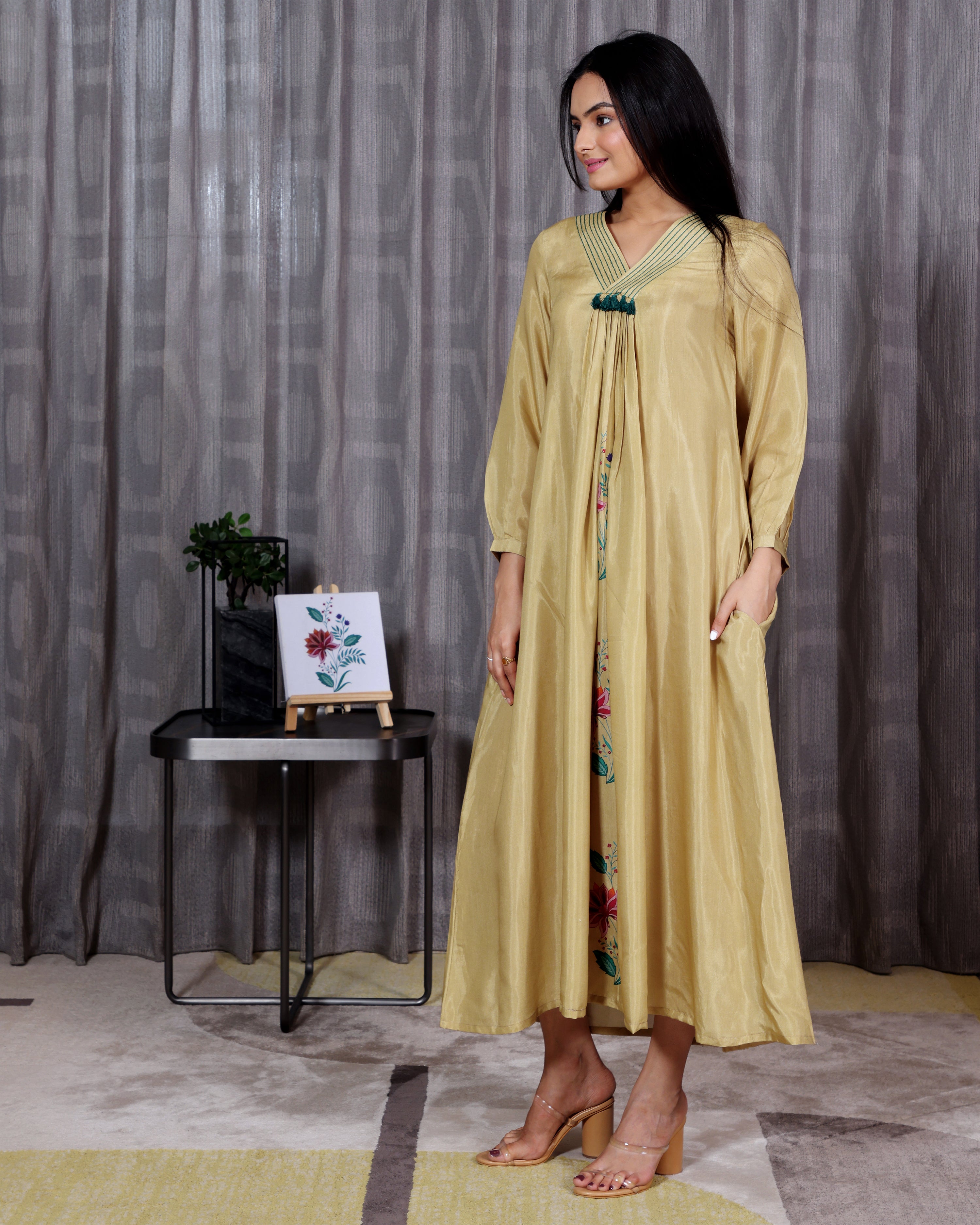 Kusum - Golden Beige V Neck Flared Dress