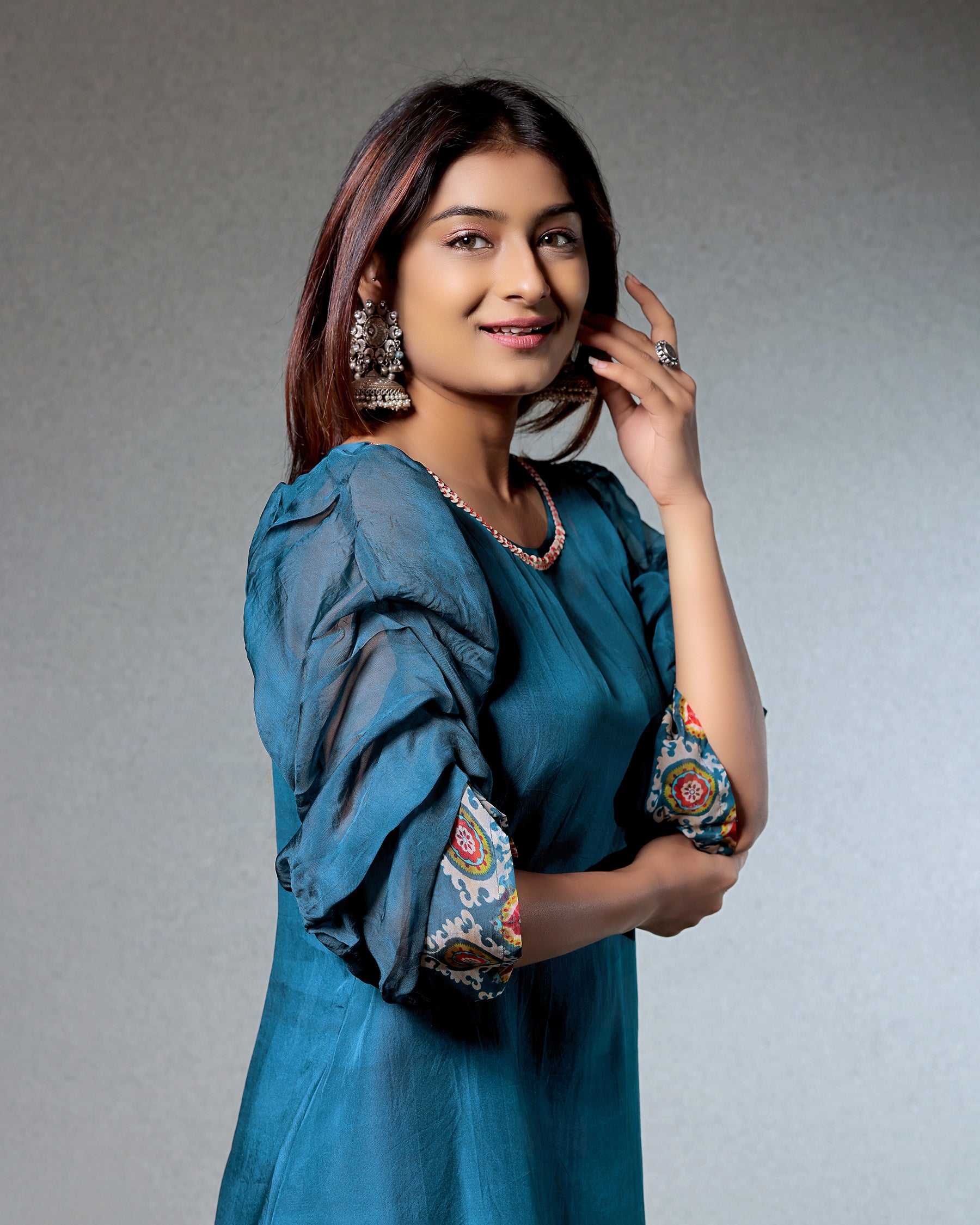Taskeen Peacock Blue Dress With Cowl Sleeves