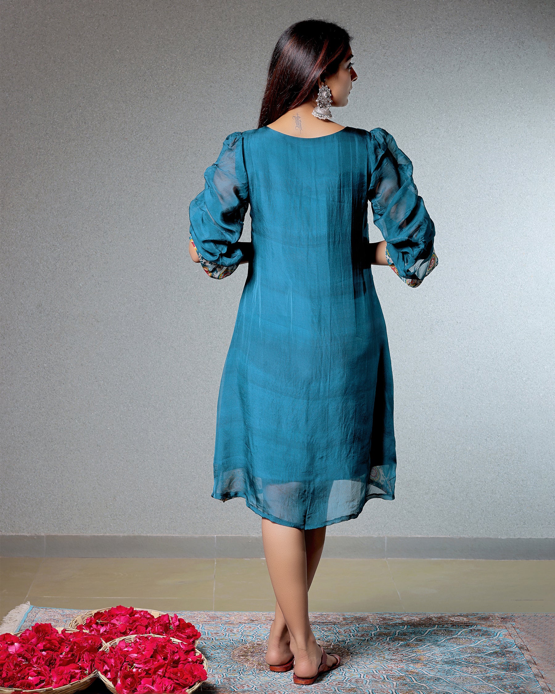 Taskeen Peacock Blue Dress With Cowl Sleeves