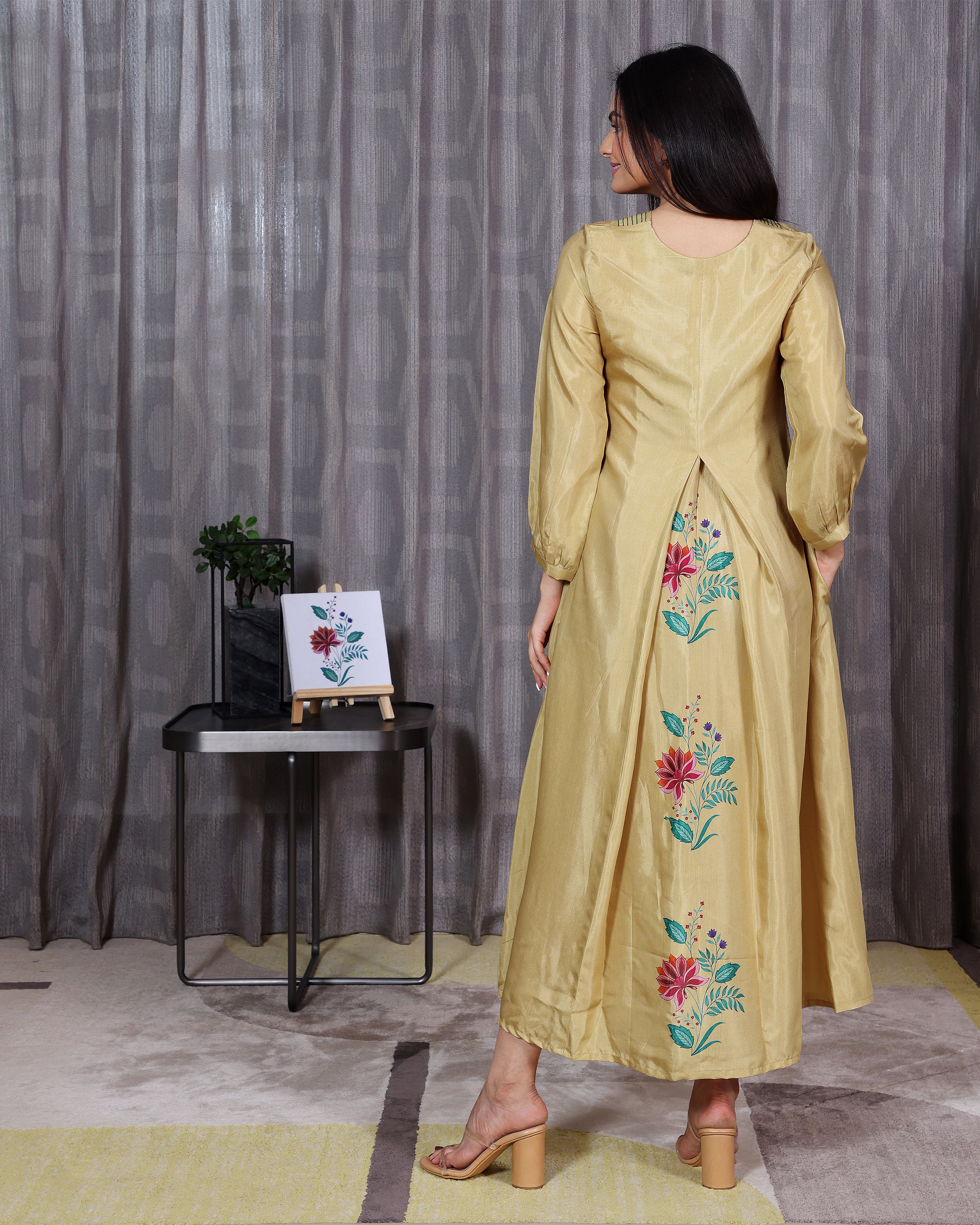 Kusum - Golden Beige V Neck Flared Dress