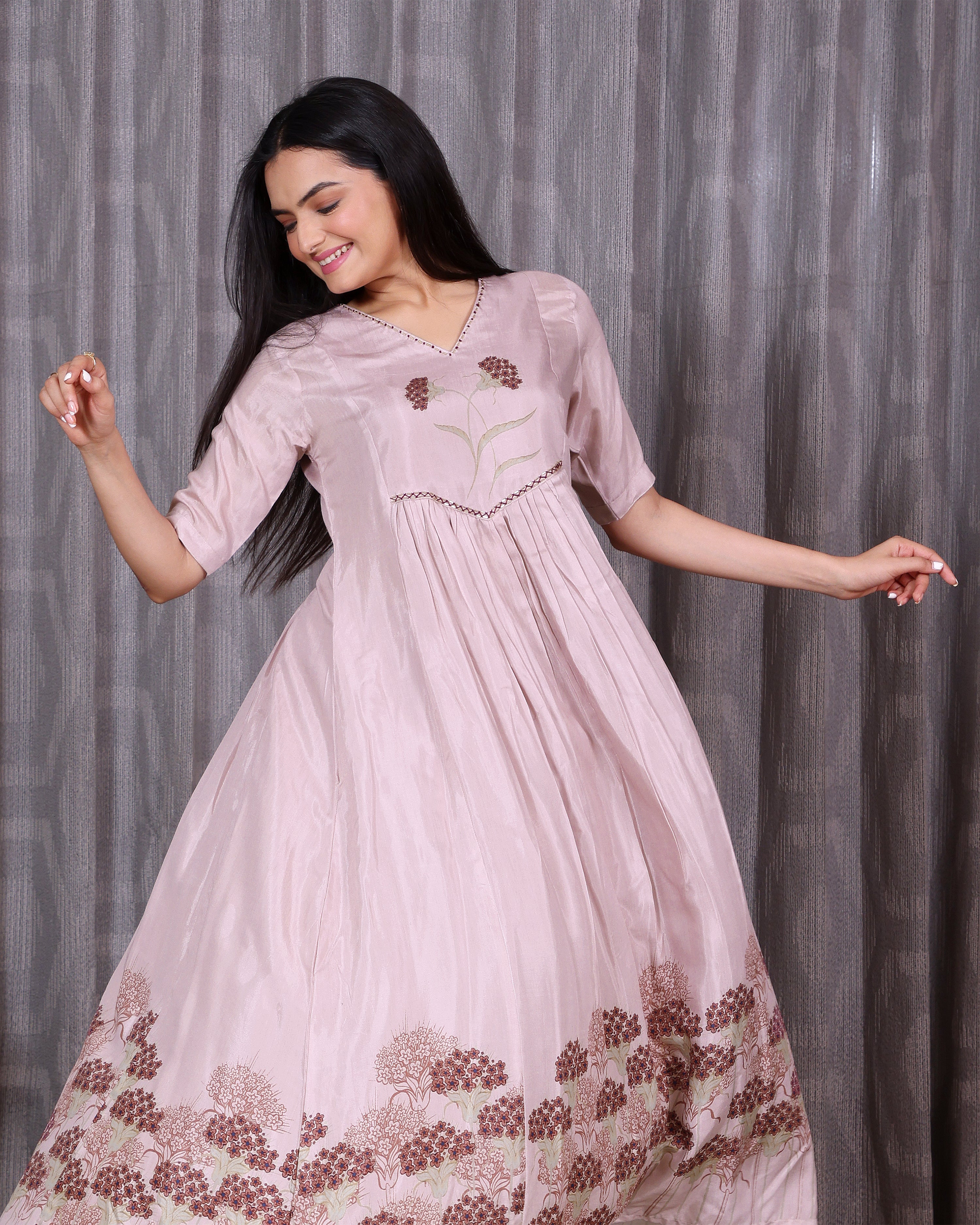 Jasmine - Dusty Pink V Neck Gathered Dress