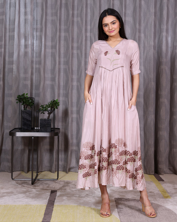 Jasmine - Dusty Pink V Neck Gathered Dress