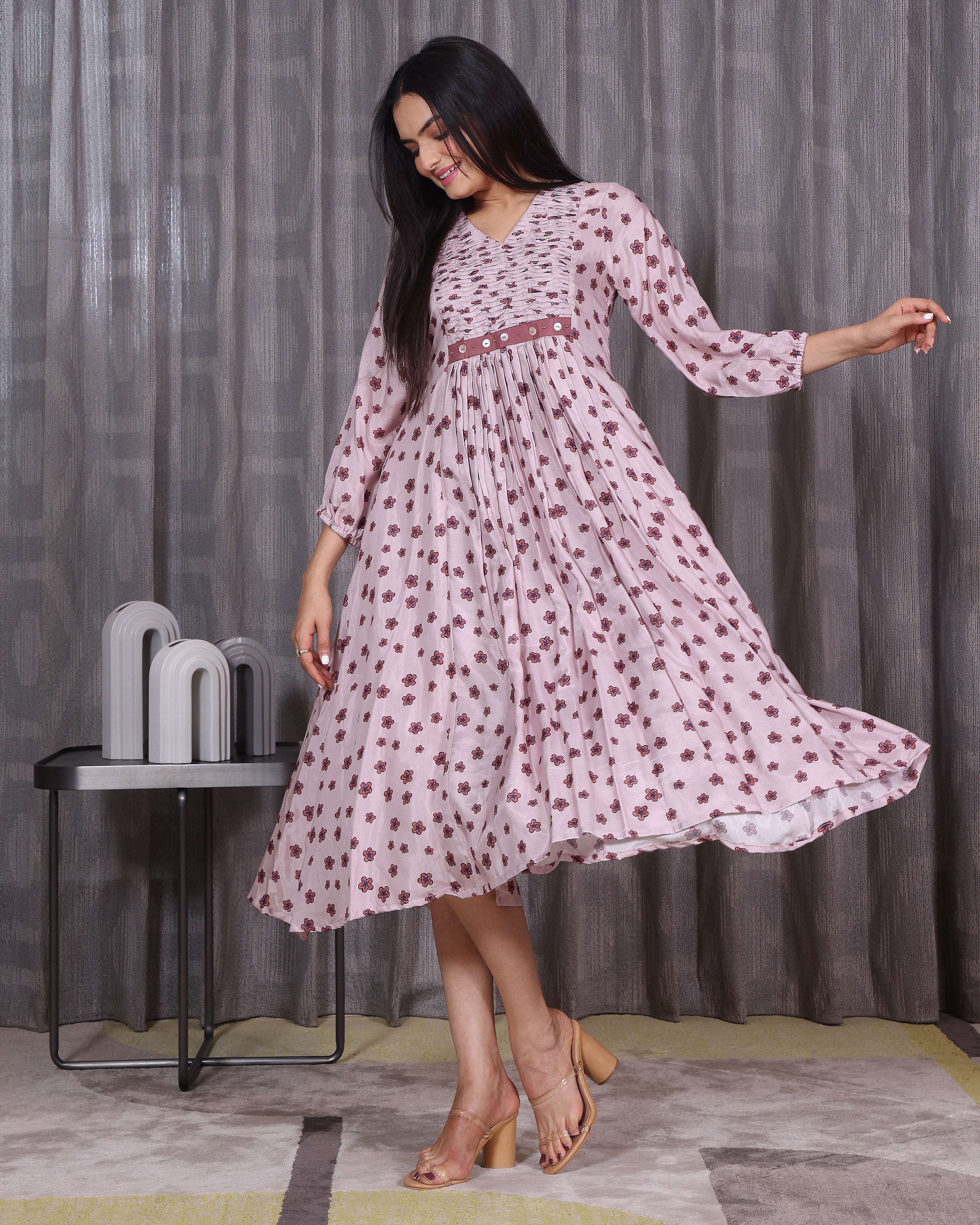 Jasmine - Onion Pink Pintuck Flared Dress