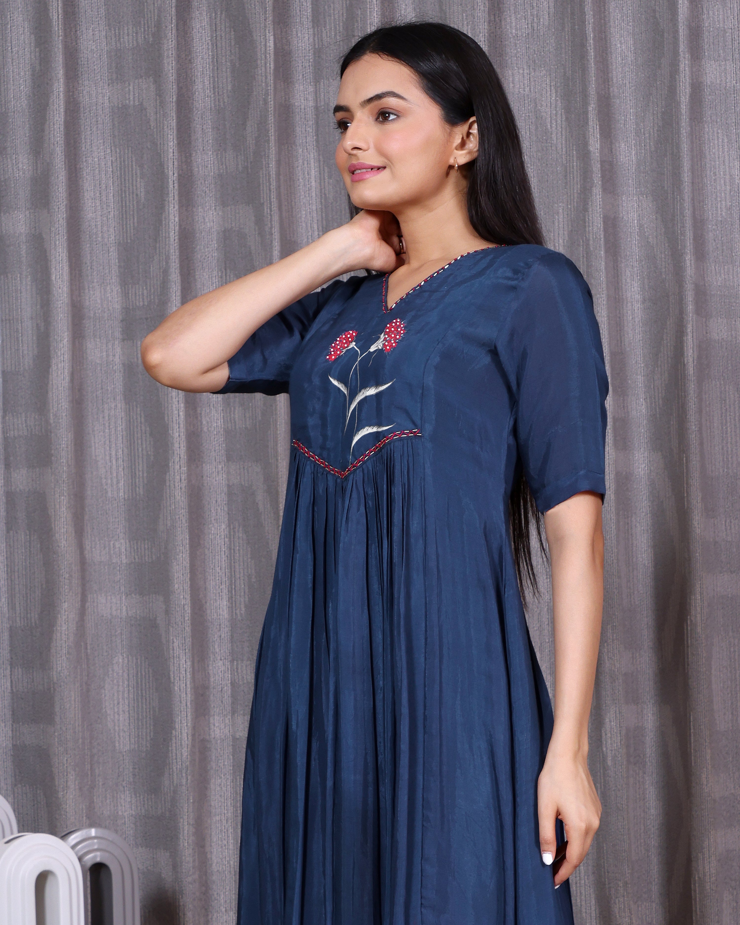 Jasmine - Blue V Neck Gathered Dress