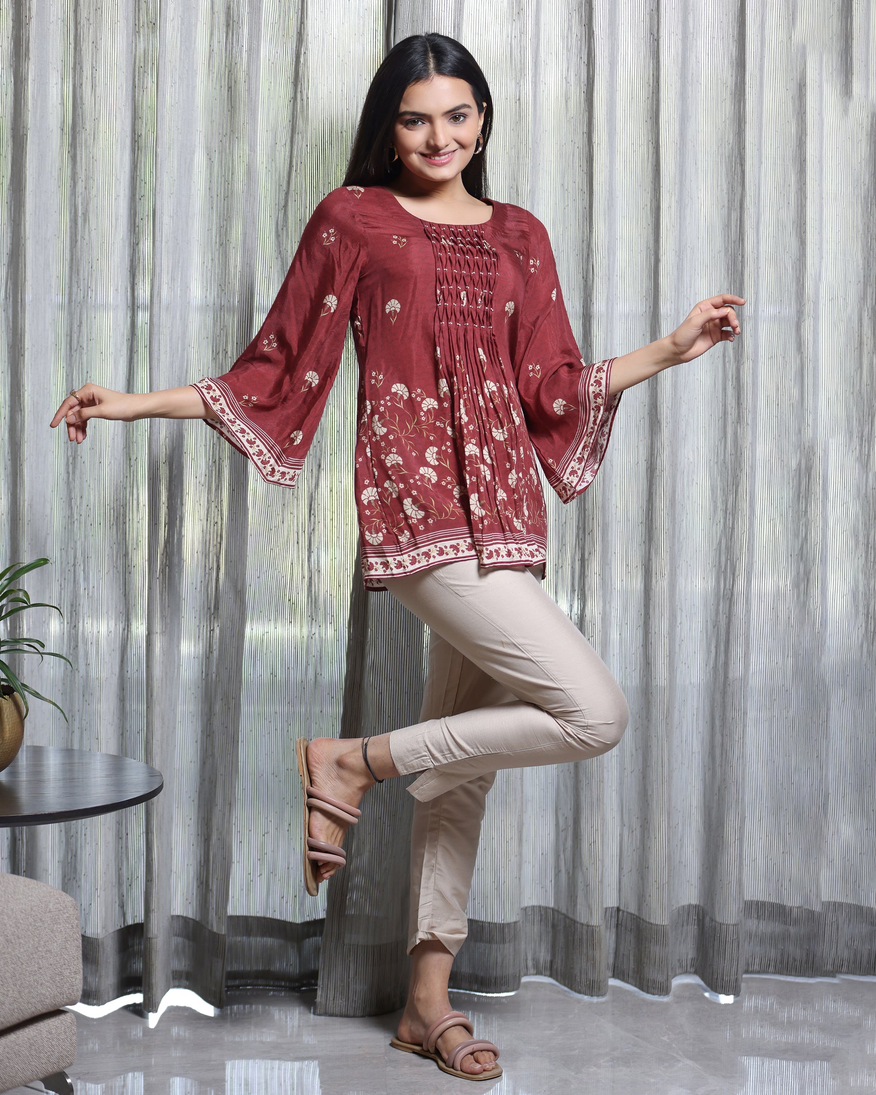 Chandni - Maroon Flared Top With Bell Sleeves