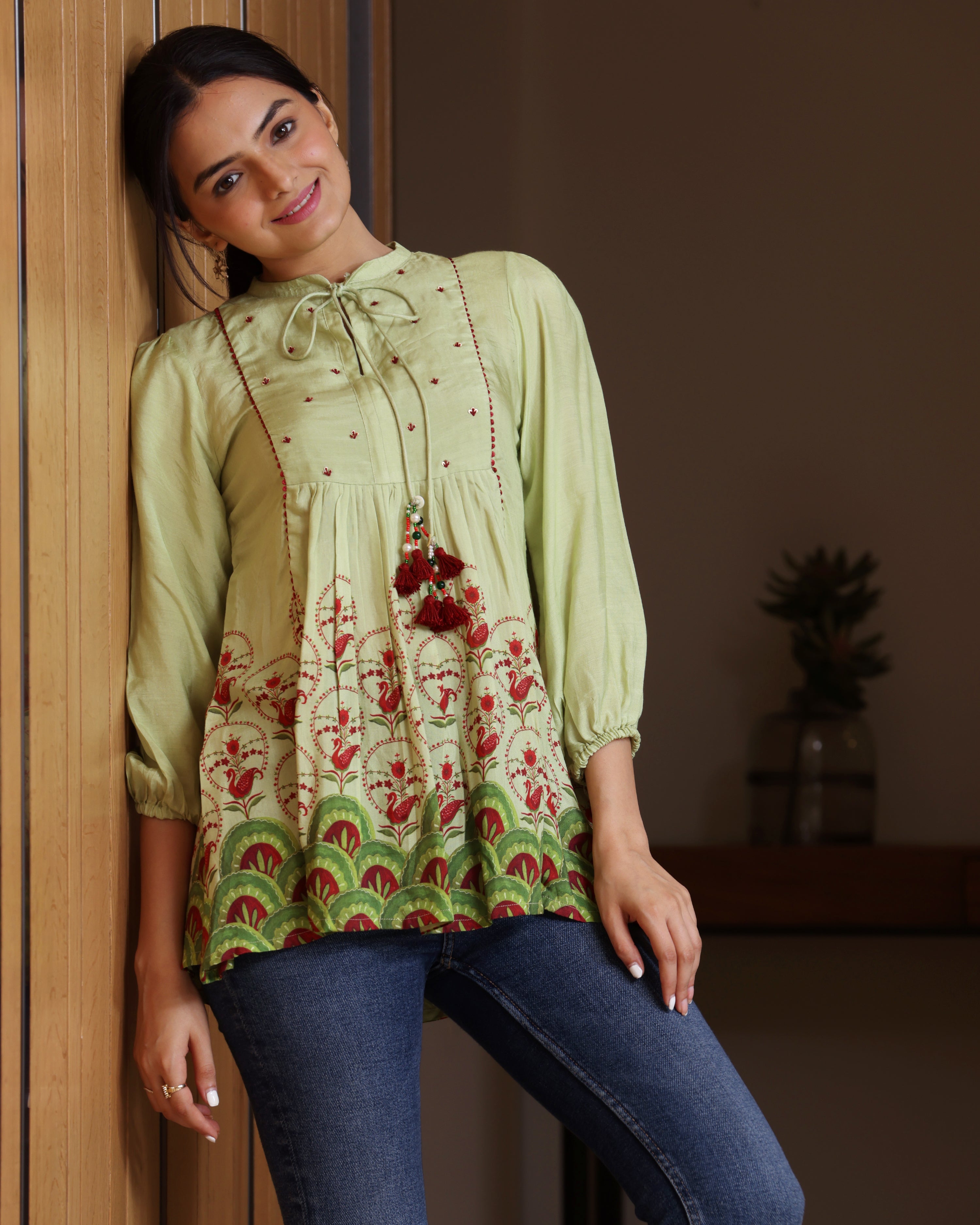 Mayuri - Mint Green Printed Top With Tessels