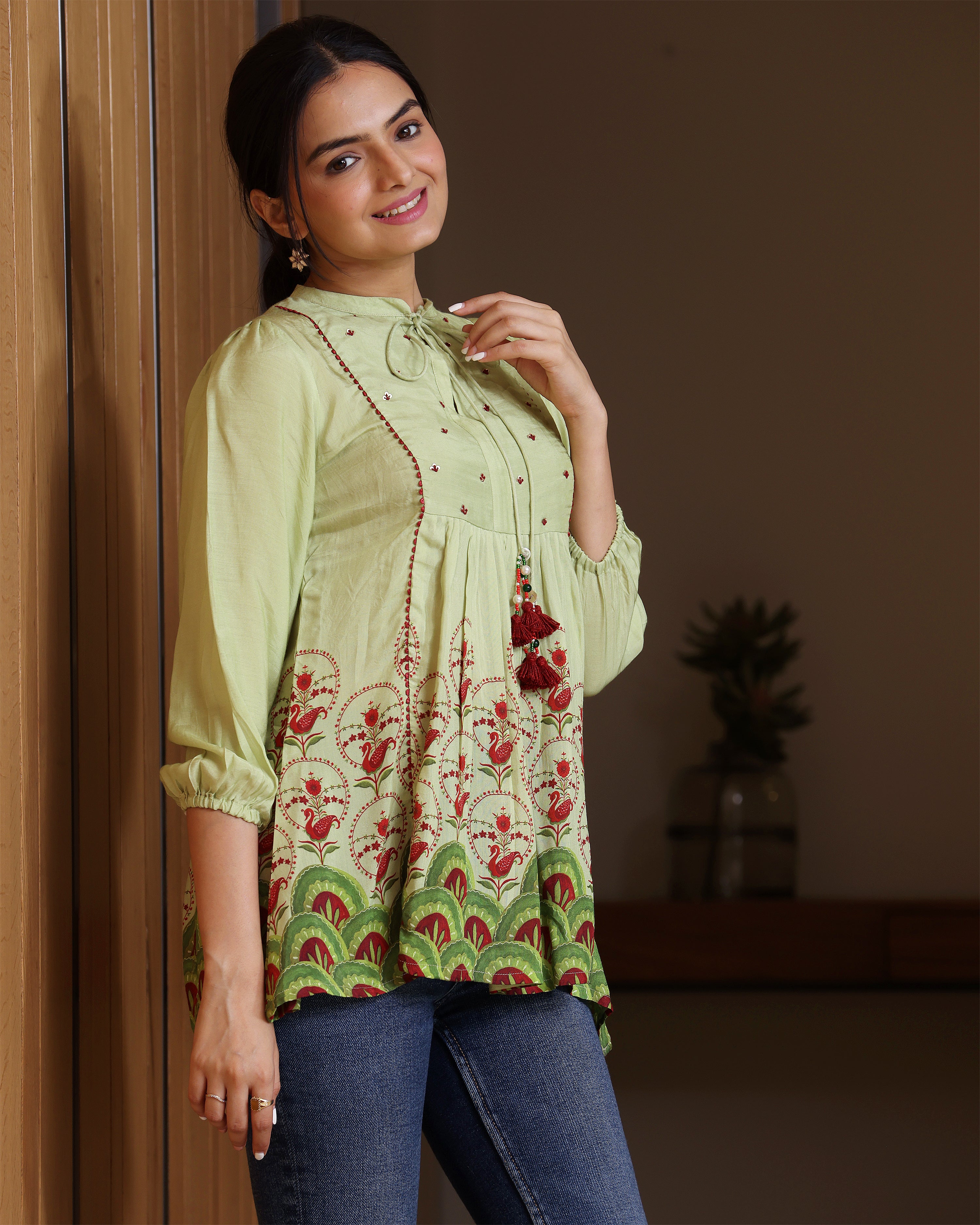 Mayuri - Mint Green Printed Top With Tessels