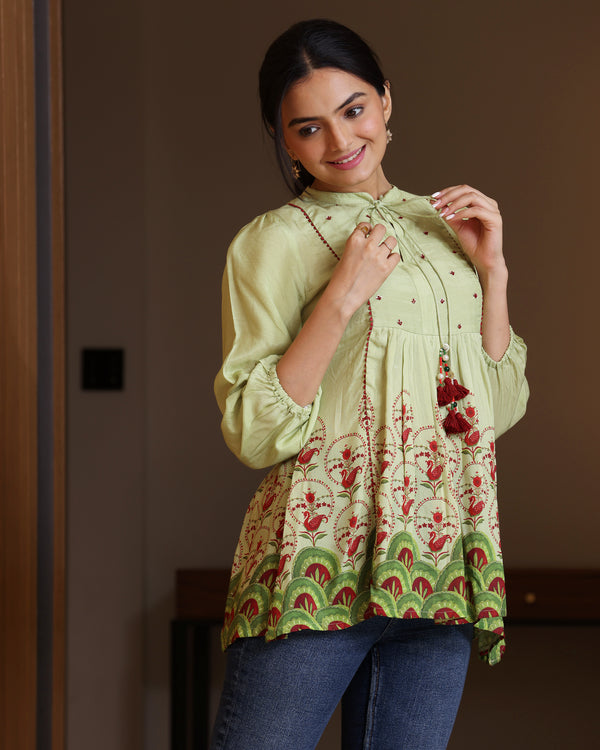 Mayuri - Mint Green Printed Top With Tessels