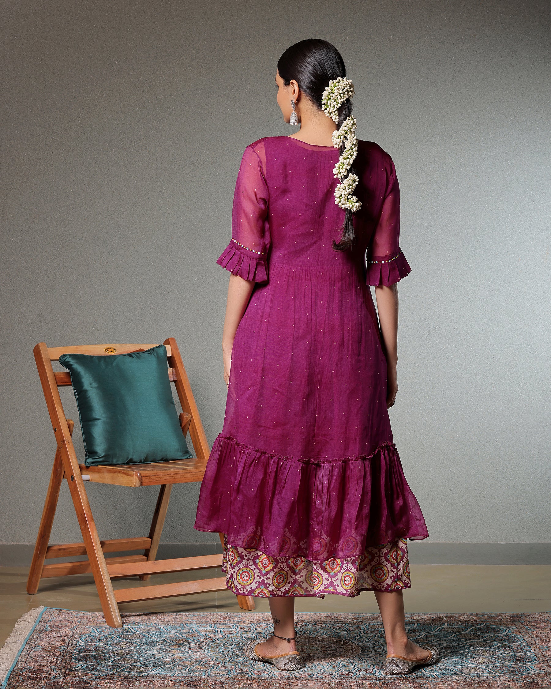 Taskeen Magenta Flared Dress With Organza Shrug