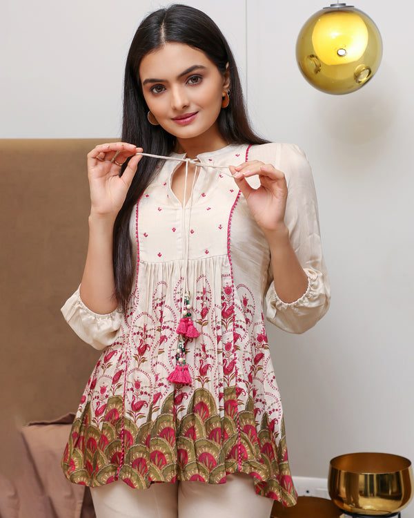 Mayuri - Beige Printed Top With Tessels