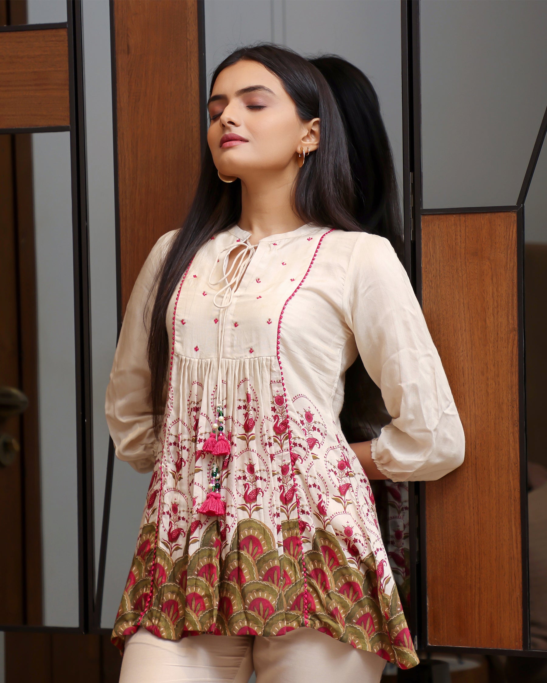 Mayuri - Beige Printed Top With Tessels