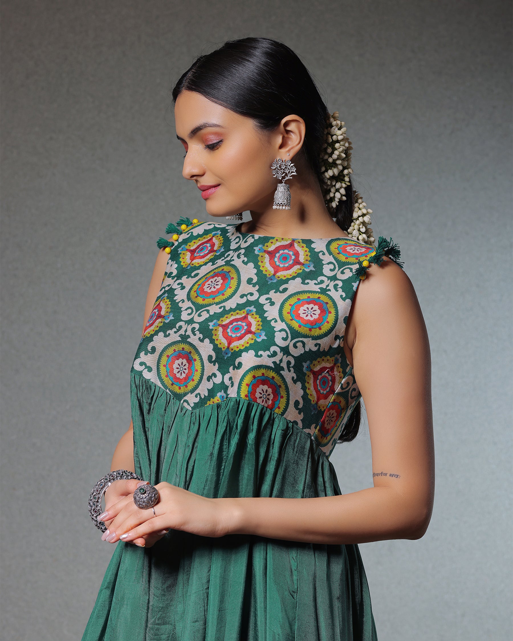 Taskeen Pine Green Sleeve Less Dress