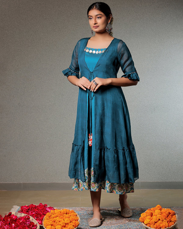 Taskeen Peacock Blue Flared Dress With Organza Shrug